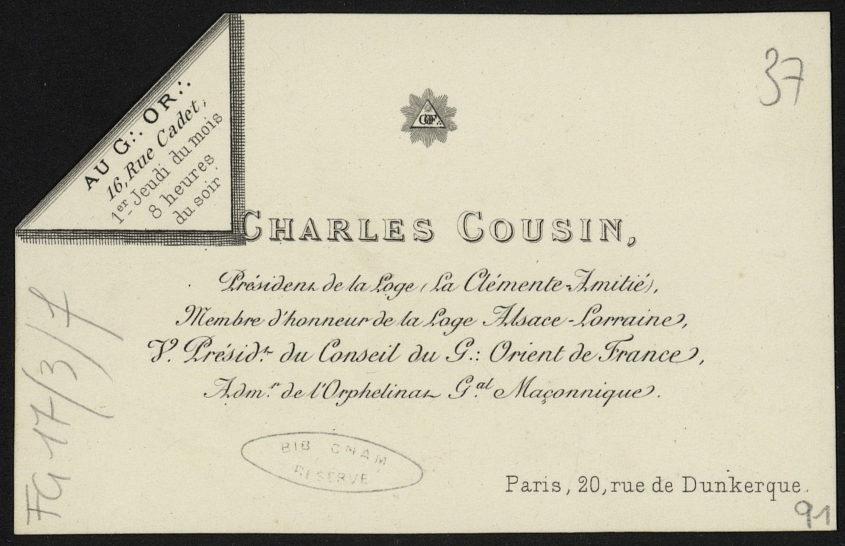 Carte de visite de Charles Cousin en qualité de président de la loge maçonnique La Clémente Amitié et vice-président du conseil du Grand Orient de France