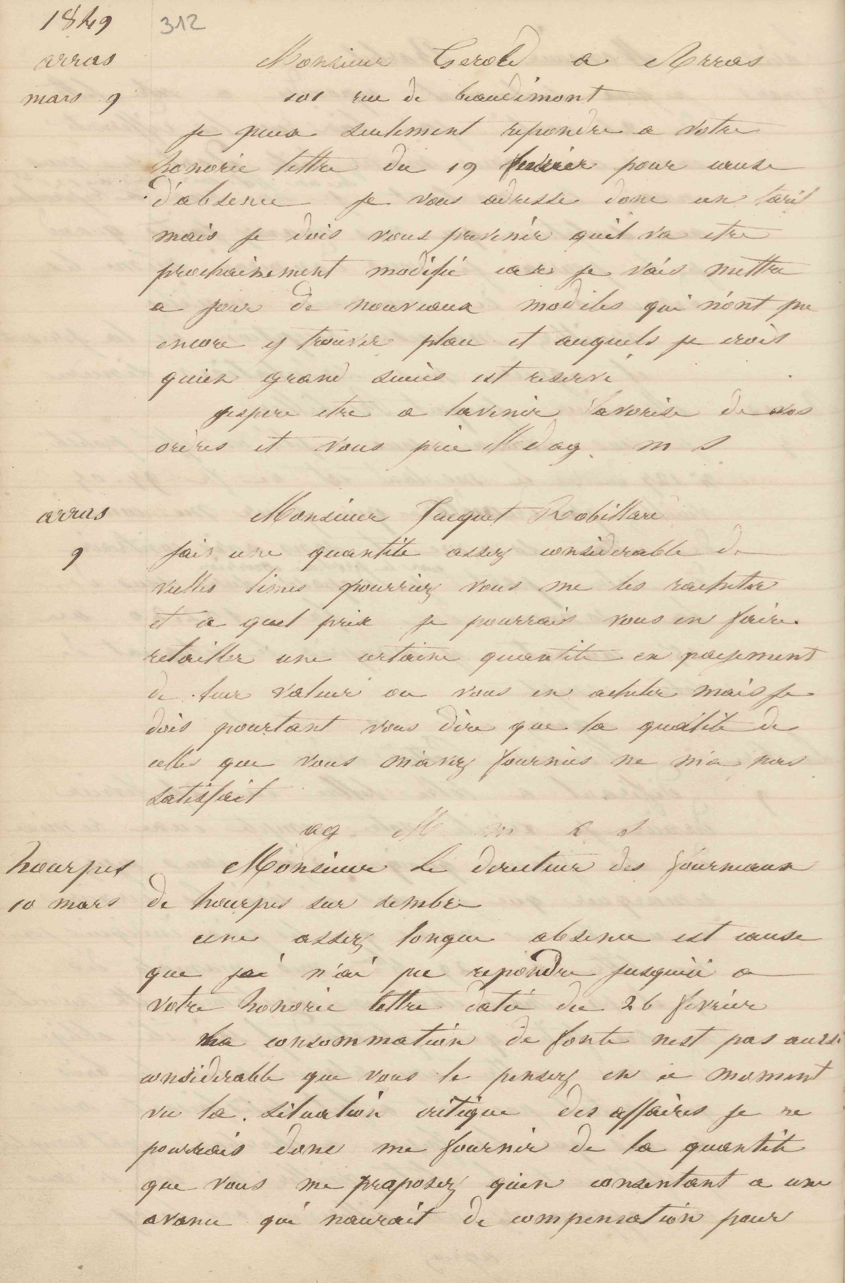 Jean-Baptiste André Godin à monsieur le directeur des fourneaux de Hourpes-sur-Sambre 10 mars 1849