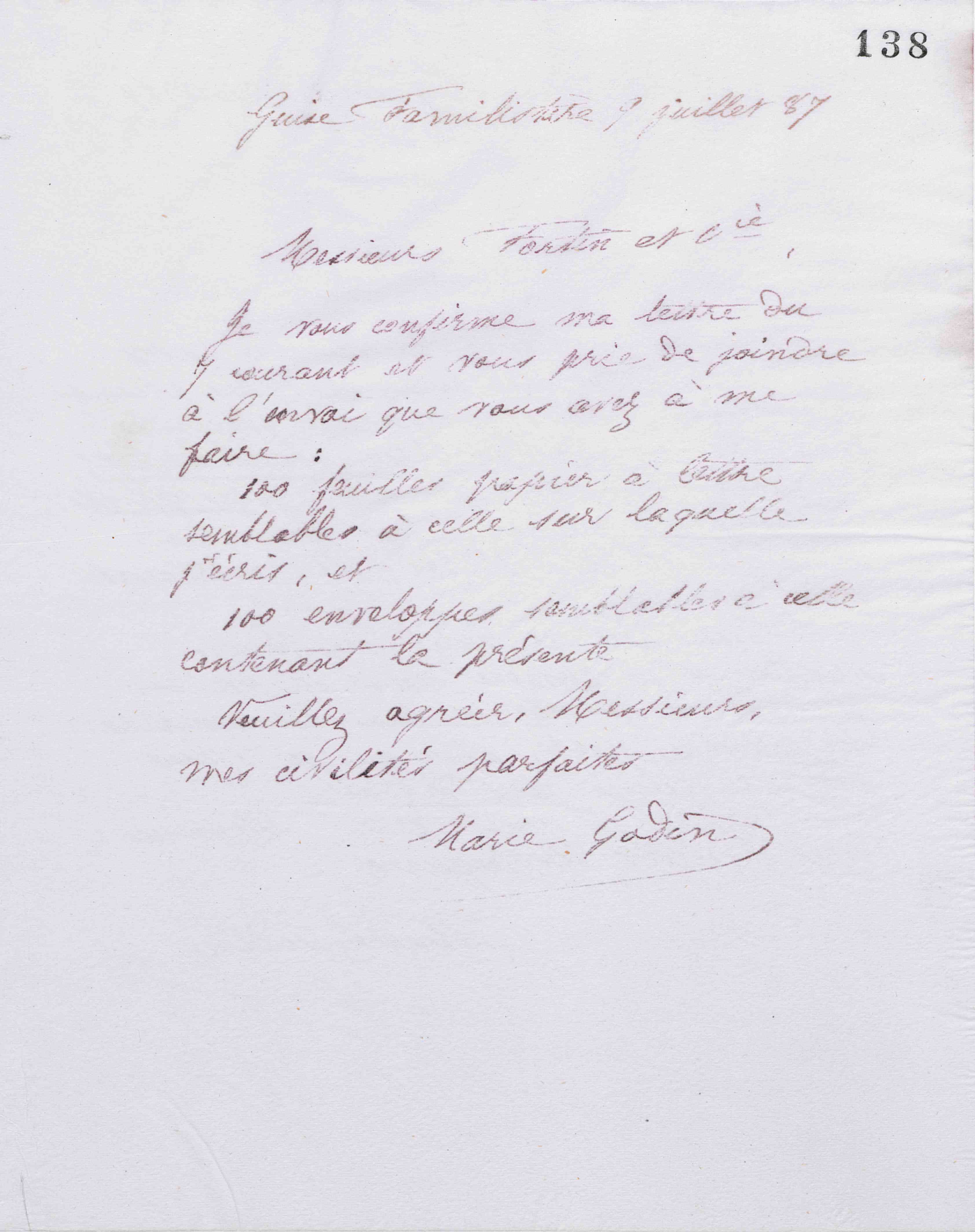 Marie Moret à Fortin et Cie, 9 juillet 1887