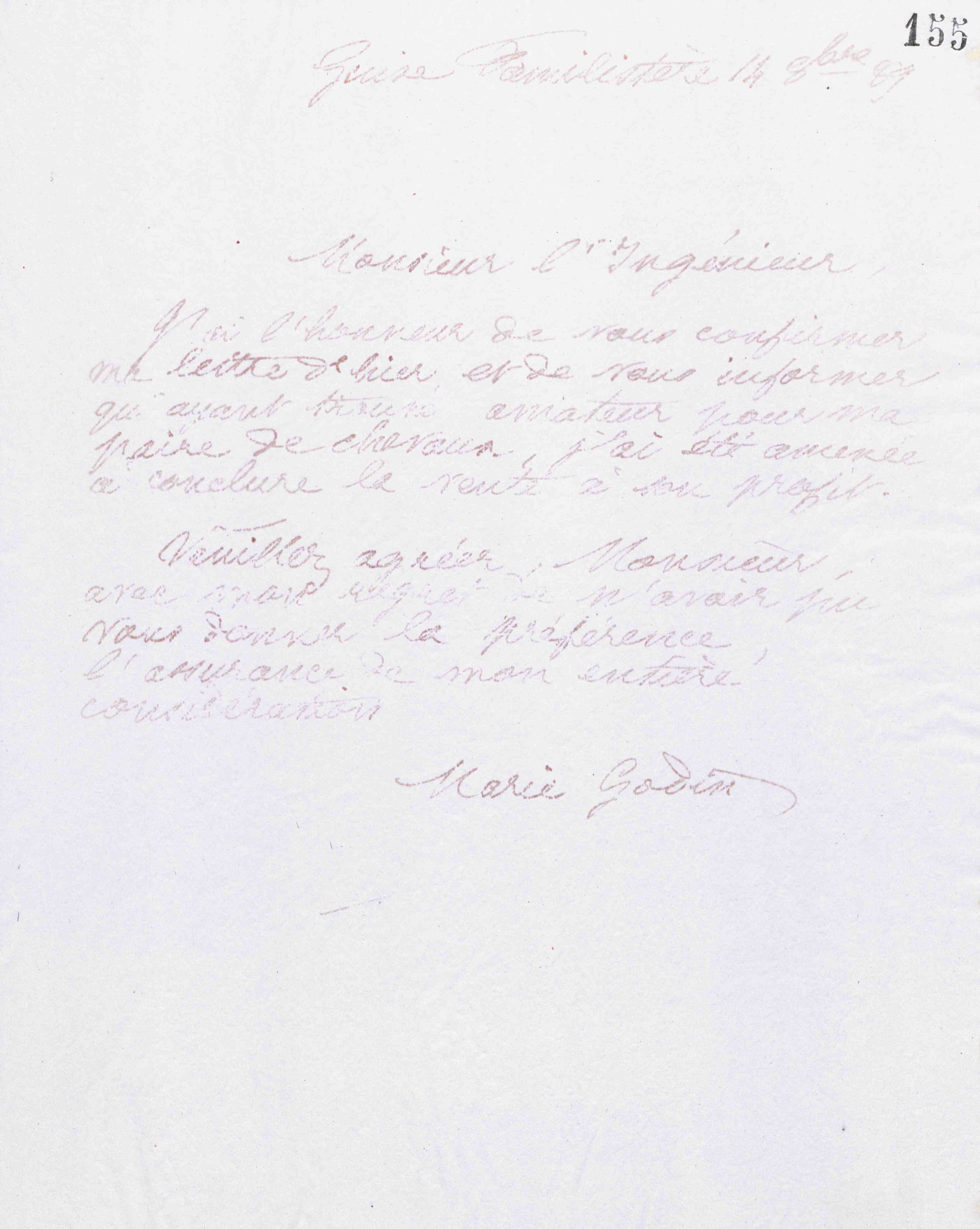 Marie Moret à monsieur Hervouët, 14 octobre 1889 Marie Moret à monsieur Hervouët, 14 octobre 1889