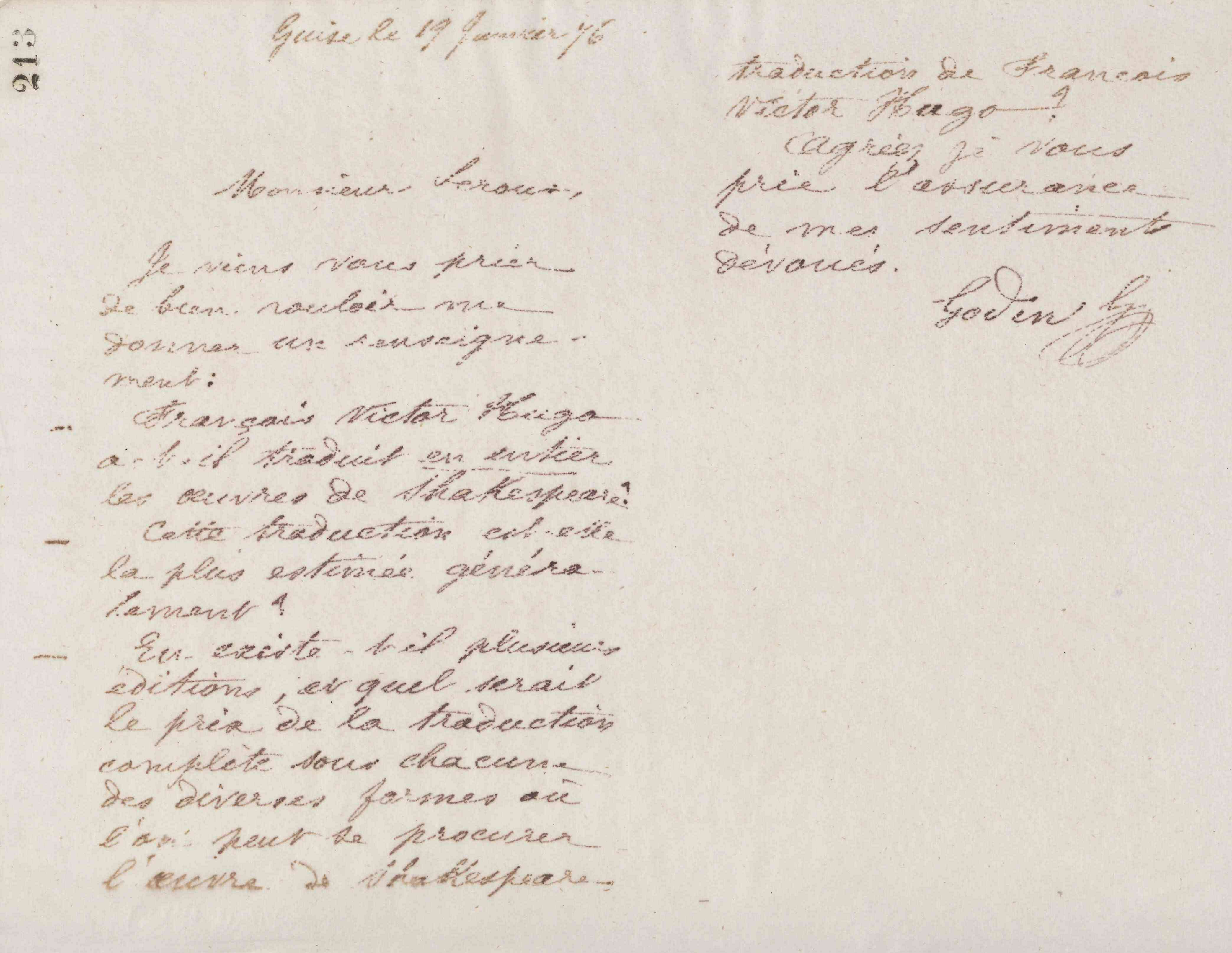 Jean-Baptiste André Godin à Ernest Leroux, 18 janvier 1876