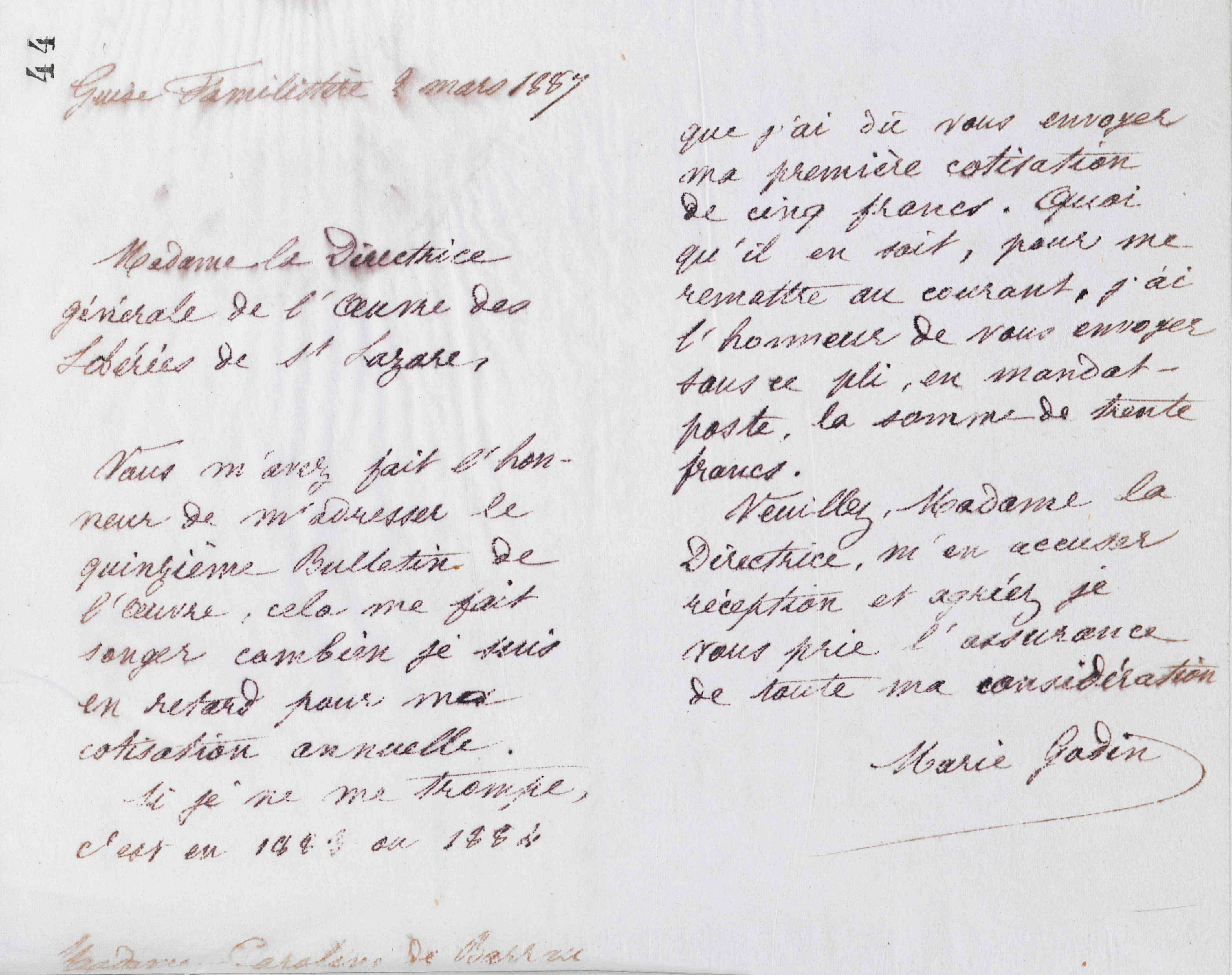 Marie Moret à Caroline de Barrau, 2 mars 1887
