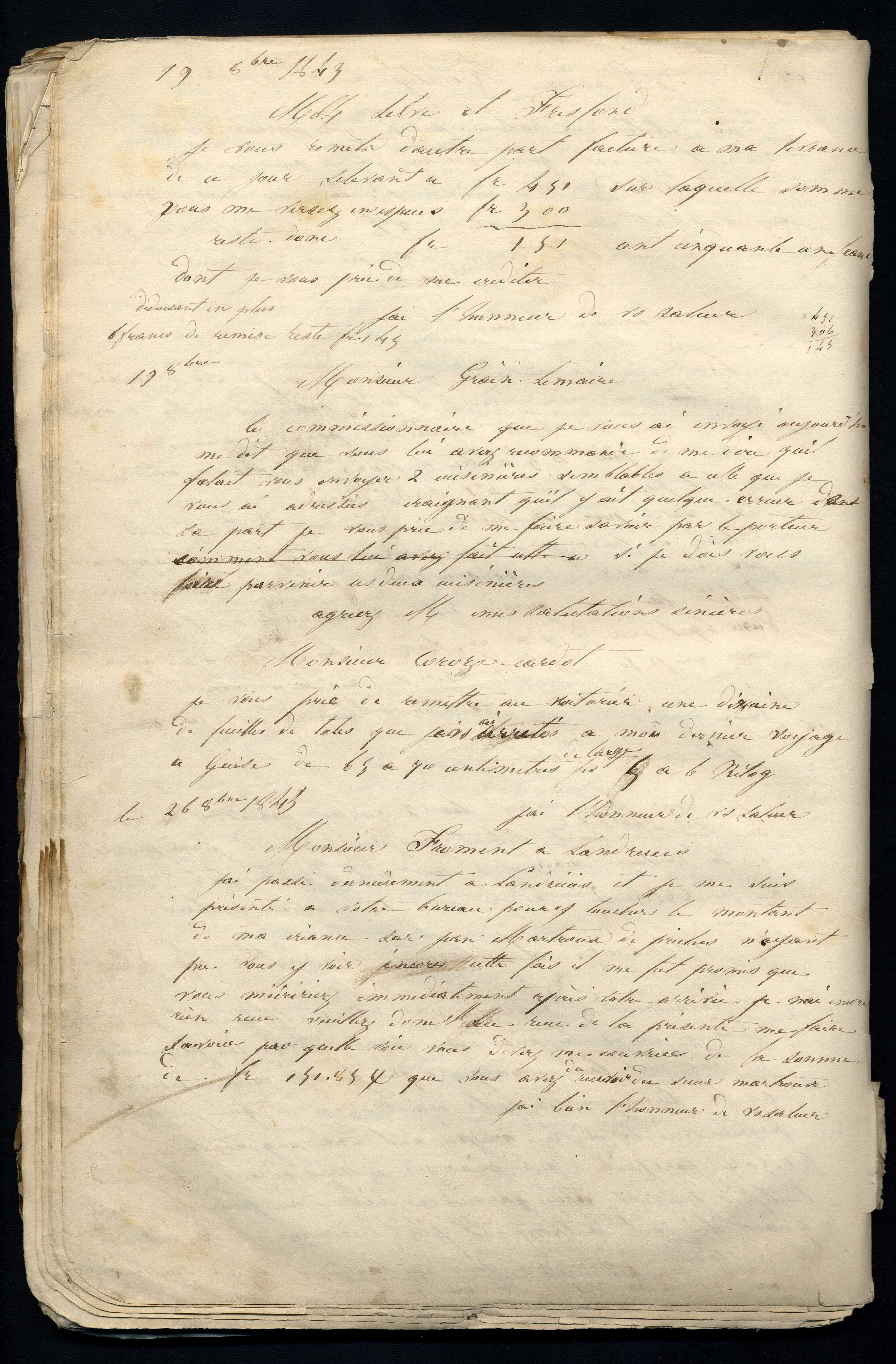 Jean-Baptiste André Godin à monsieur Grain-Lemaire, 19 octobre [1843]