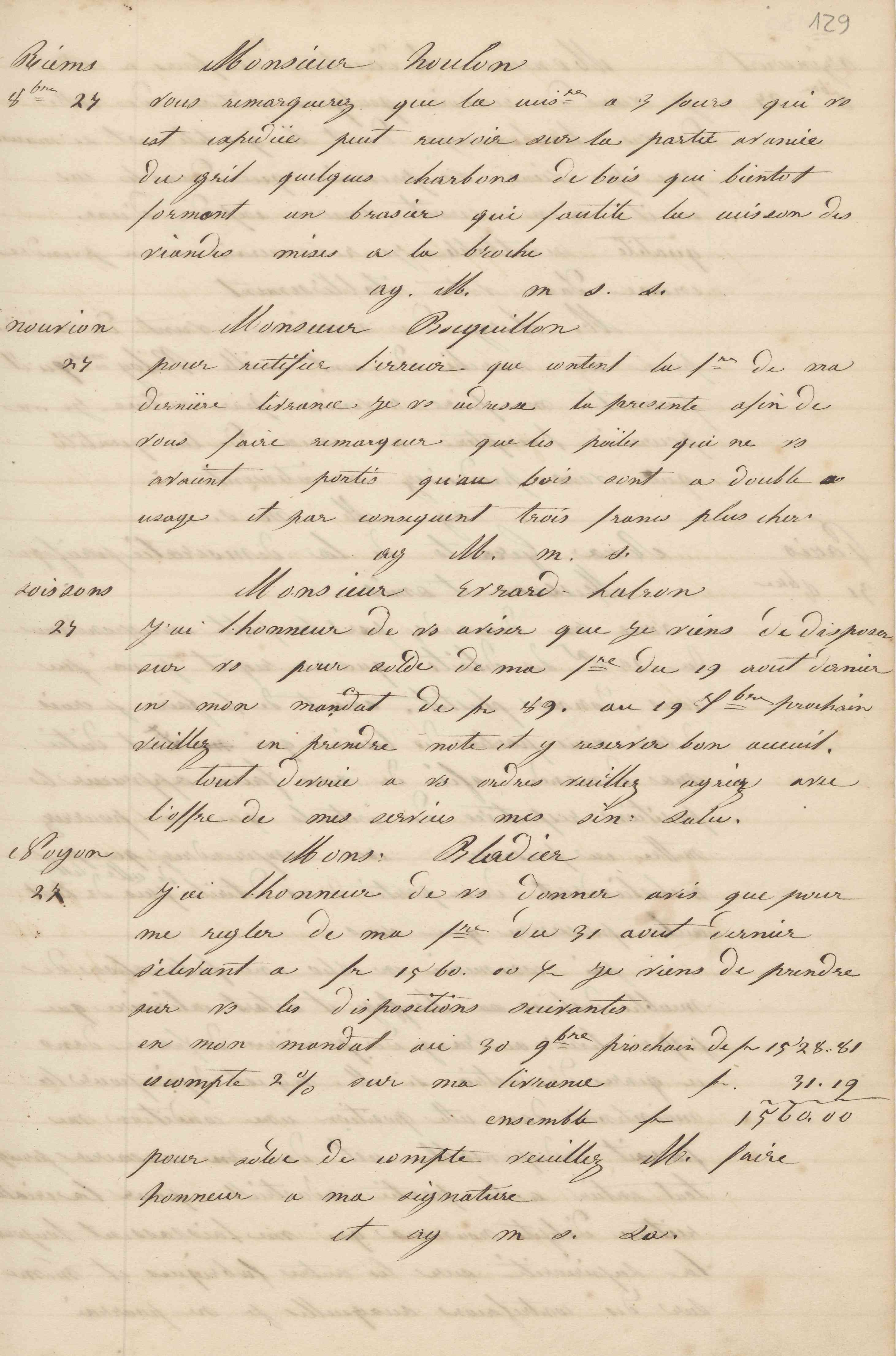 Jean-Baptiste André Godin à monsieur Bladier, 27 octobre 1847