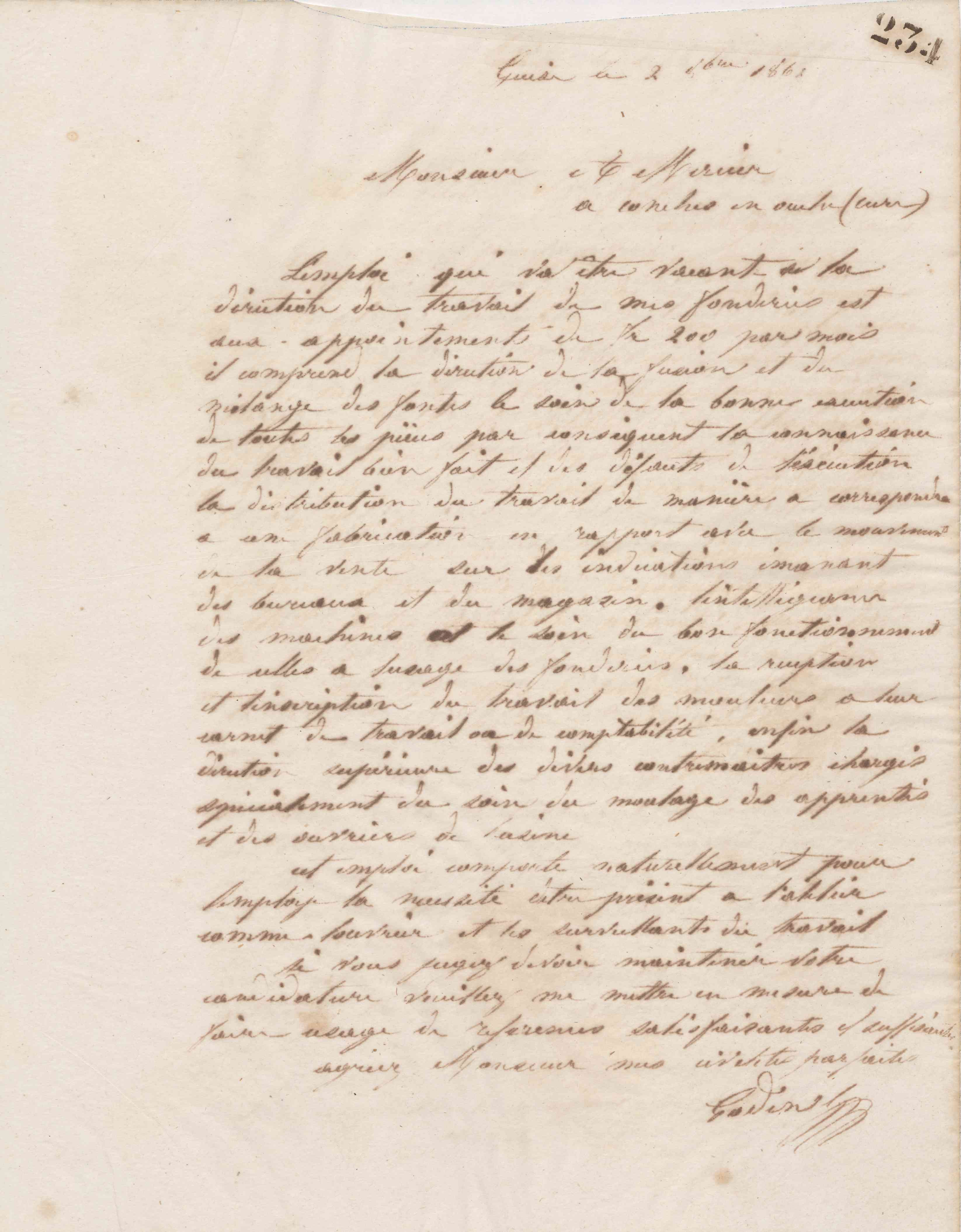 Jean-Baptiste André Godin à monsieur A. Mercier, 2 octobre 1861