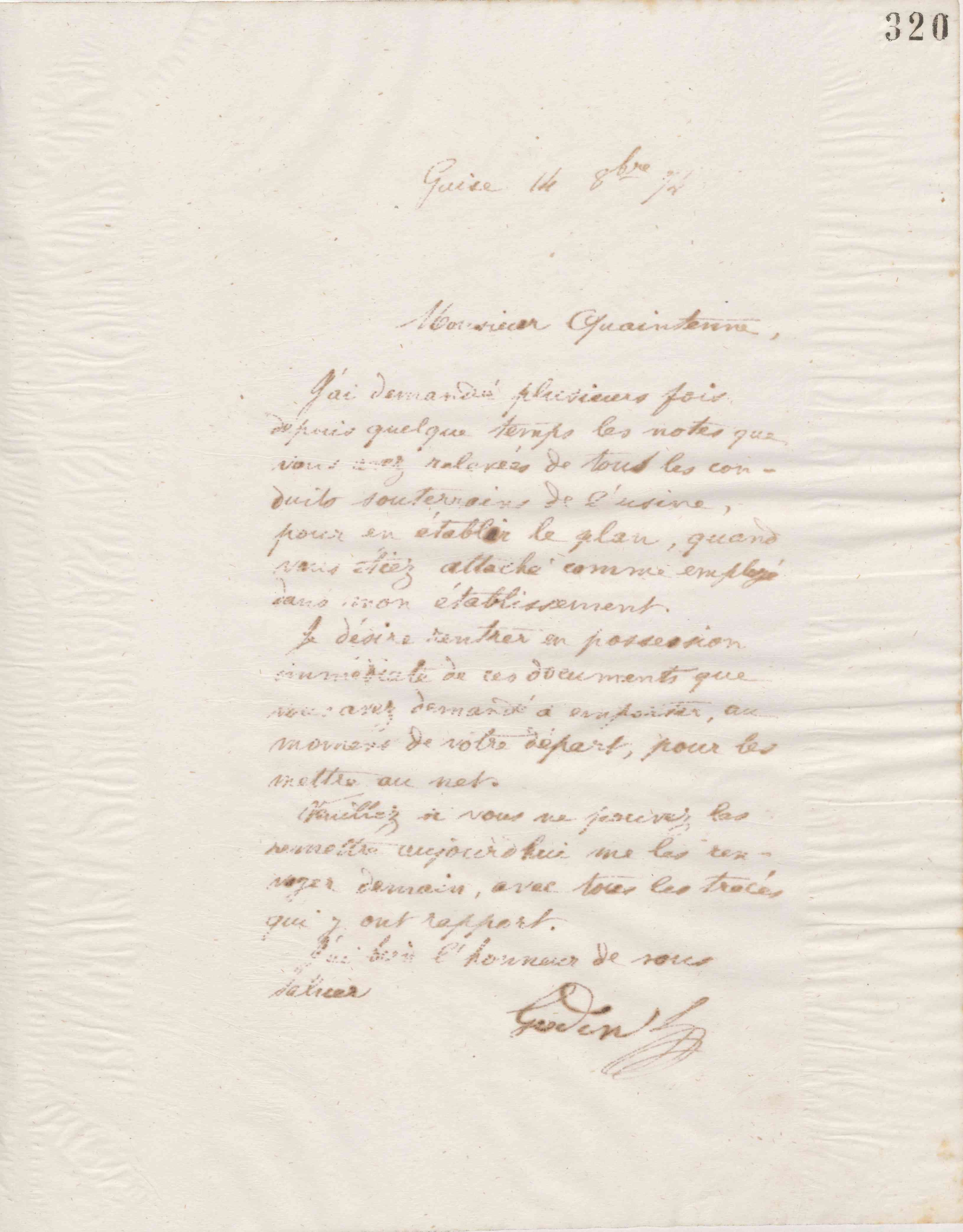 Jean-Baptiste André Godin à Étienne Louis Joseph Quaintenne, 14 octobre 1874 Jean-Baptiste André Godin à Étienne Louis Joseph Quaintenne, 14 octobre 1874