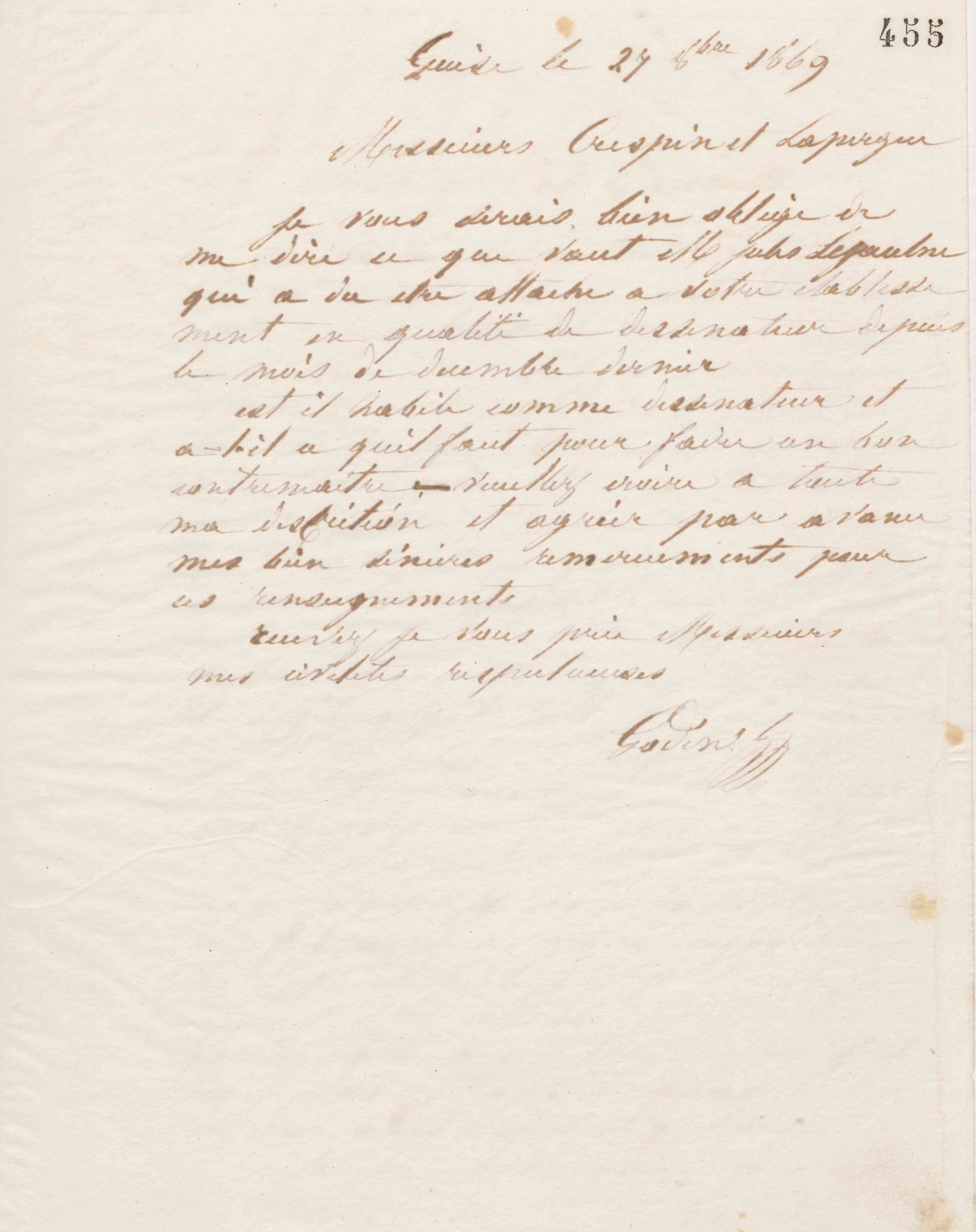 Jean-Baptiste André Godin à messieurs A. Crespin et C. Lapergue, 27 octobre 1869