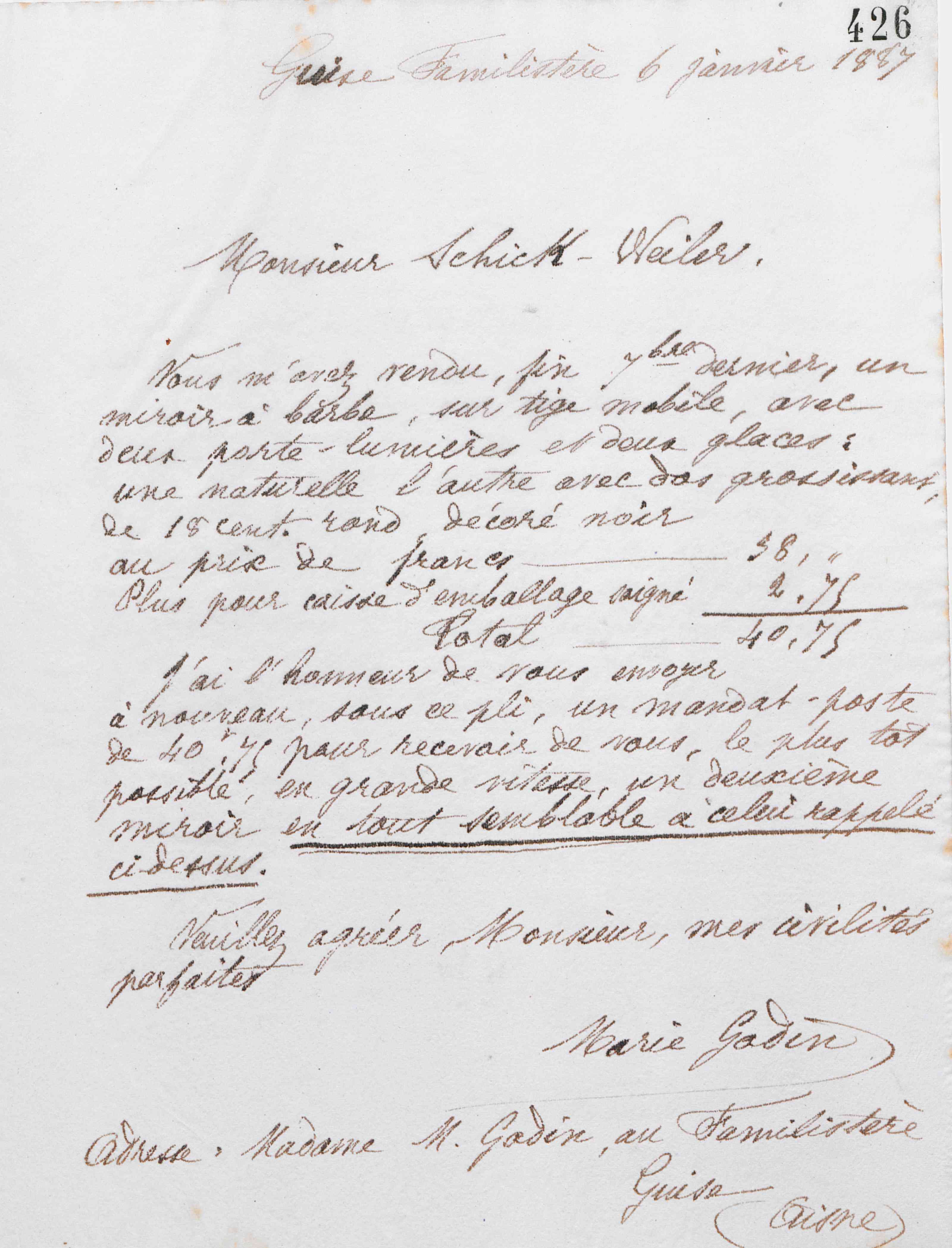 Marie Moret à monsieur Schick-Weiler, 6 janvier 1887