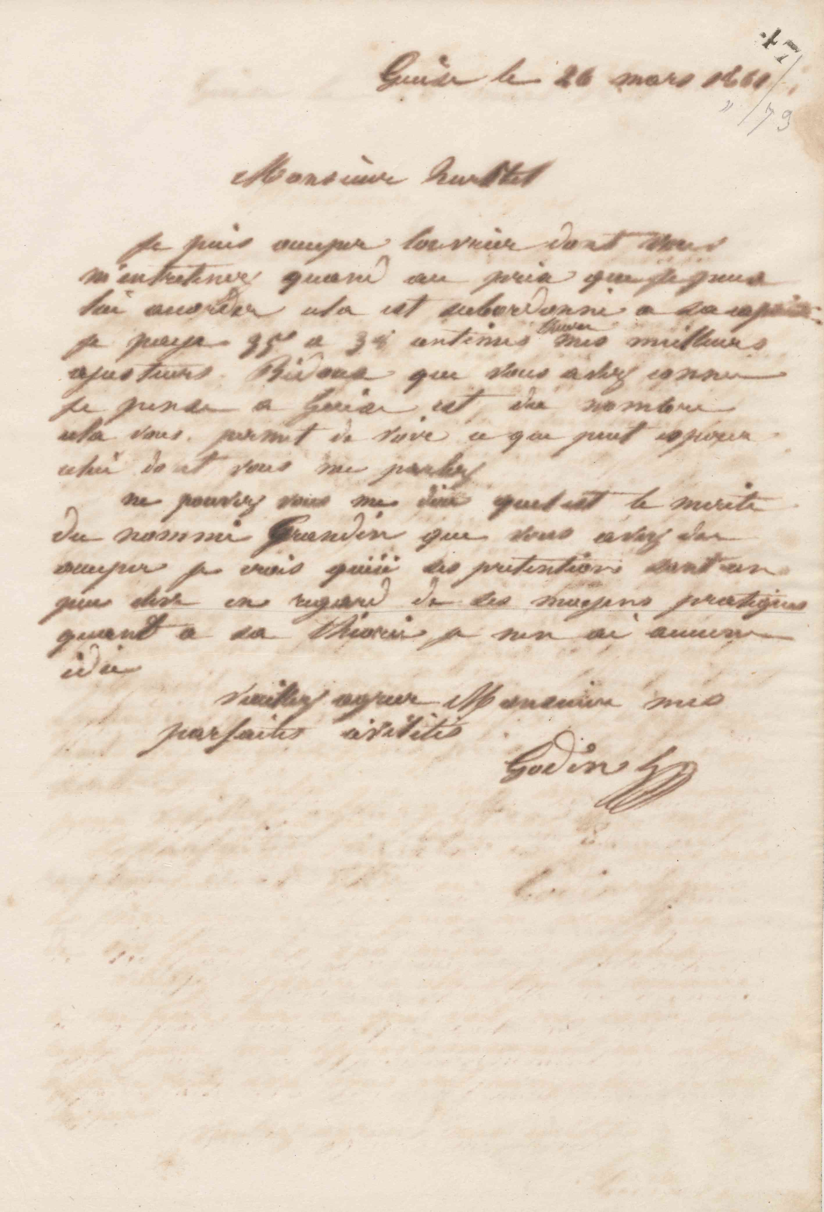 Jean-Baptiste André Godin à monsieur Hurstel, 26 mars 1861