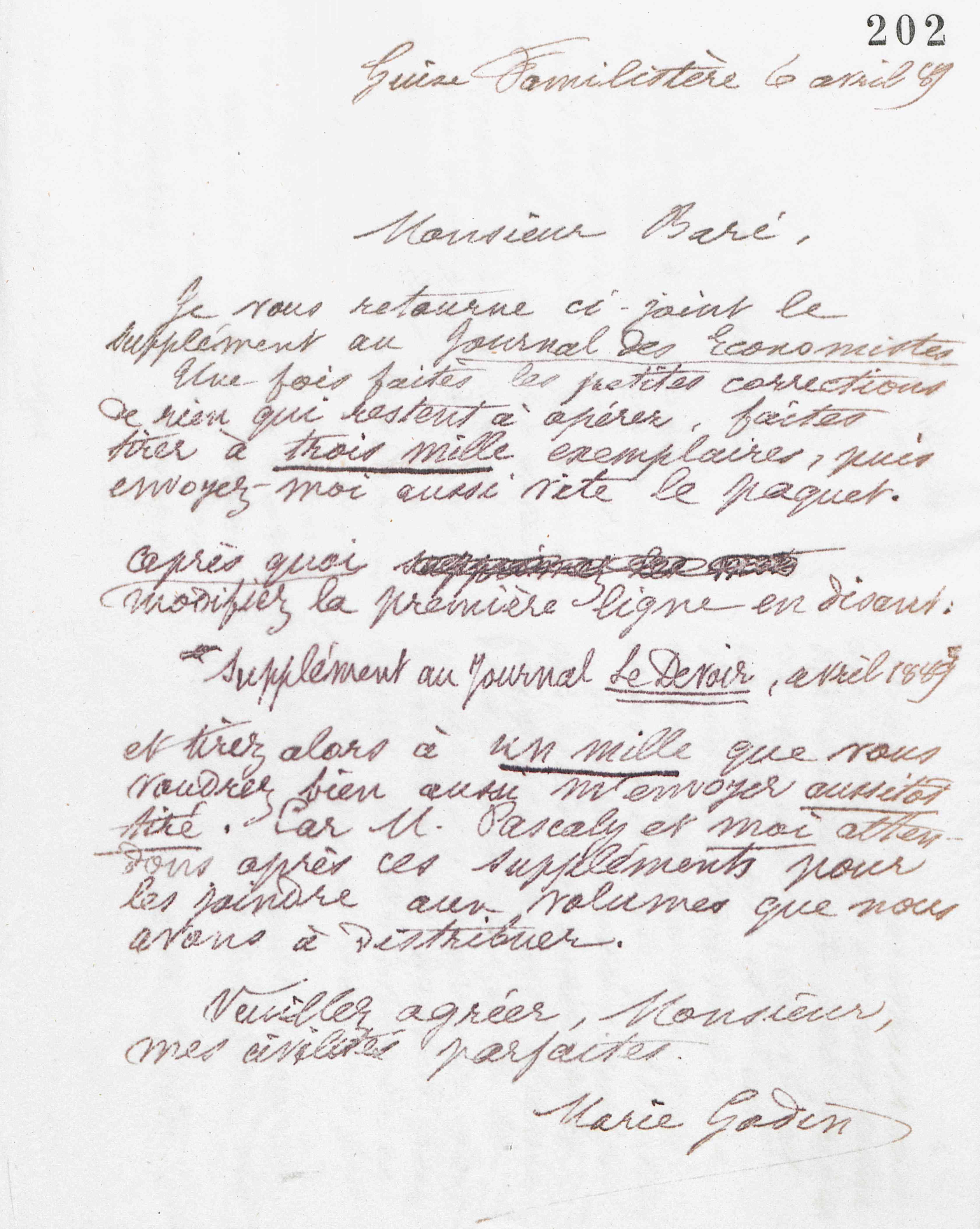 Marie Moret à Jules Édouard Baré, 6 avril 1889
