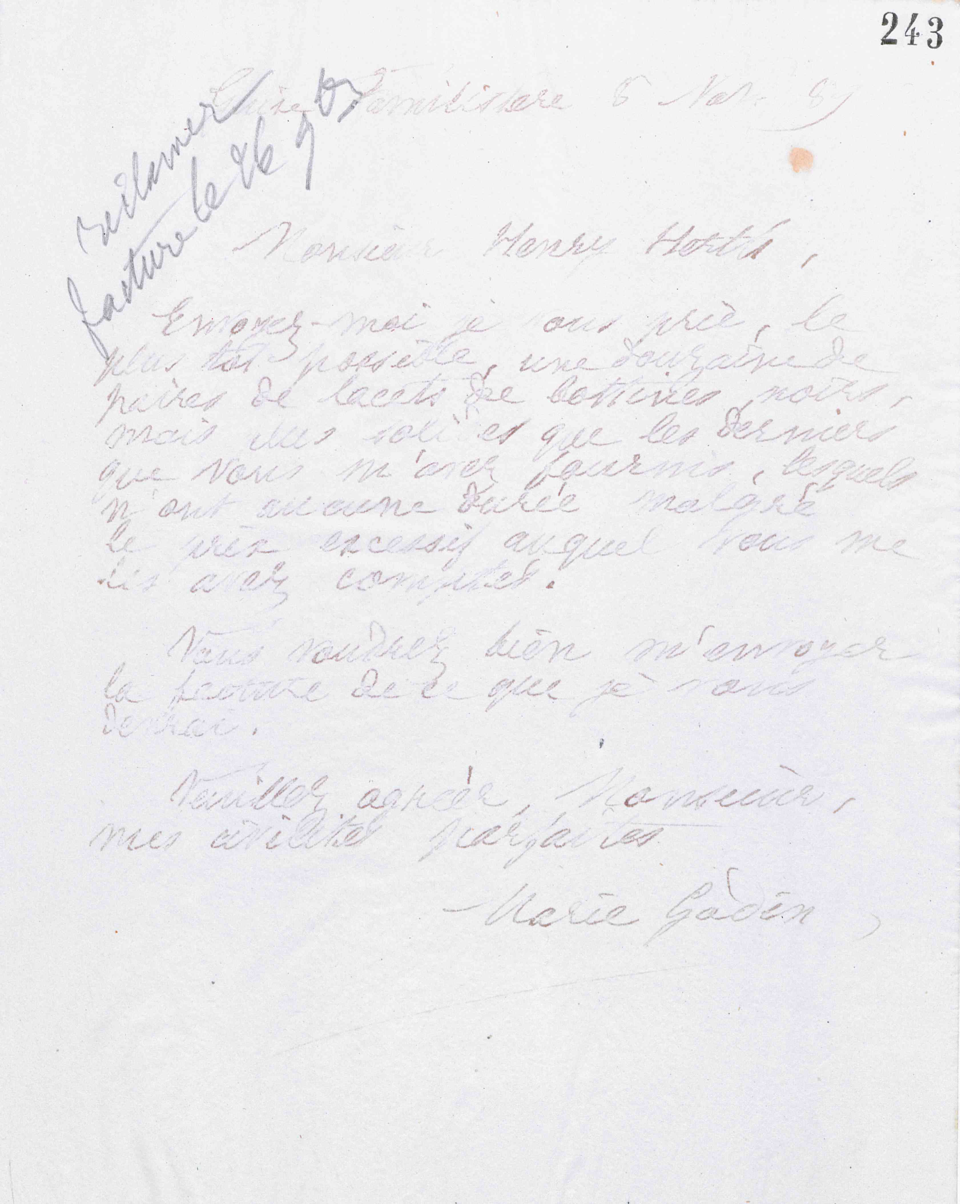 Marie Moret à Henry Herth, 8 novembre 1889