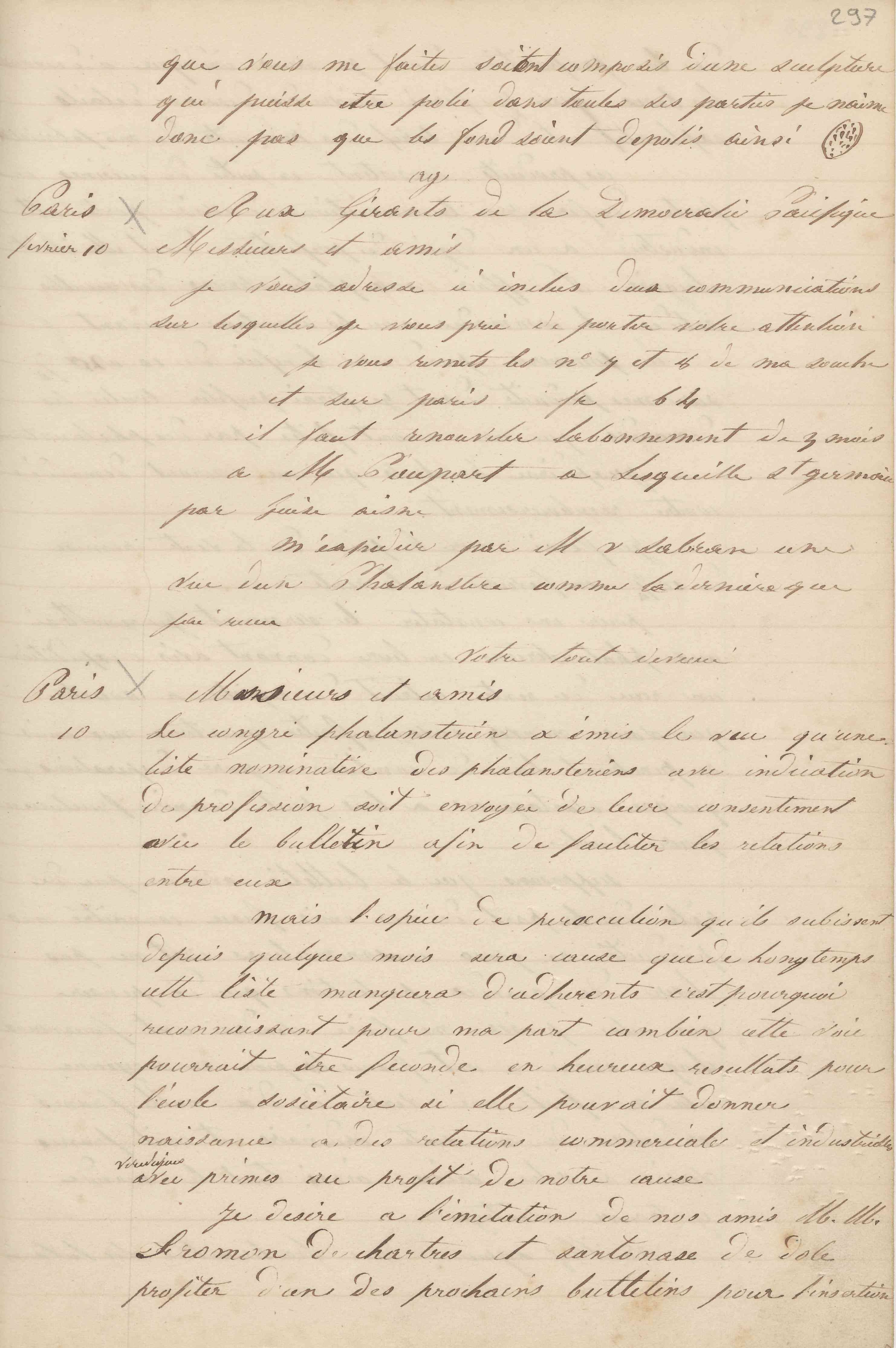 Jean-Baptiste André Godin aux gérants de La Démocratie pacifique, 10 février 1849