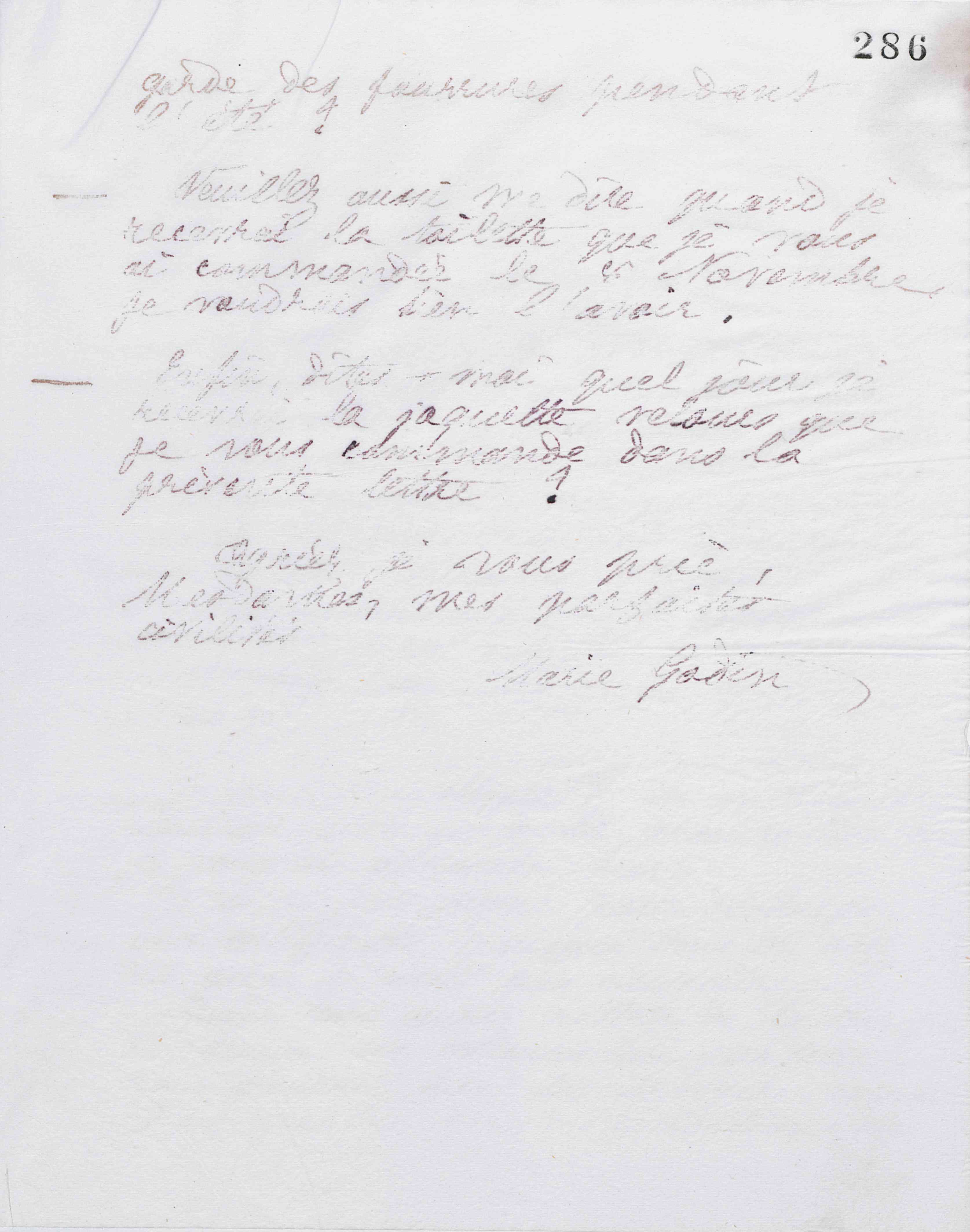 Marie Moret à Piat sœurs, 3 décembre 1887