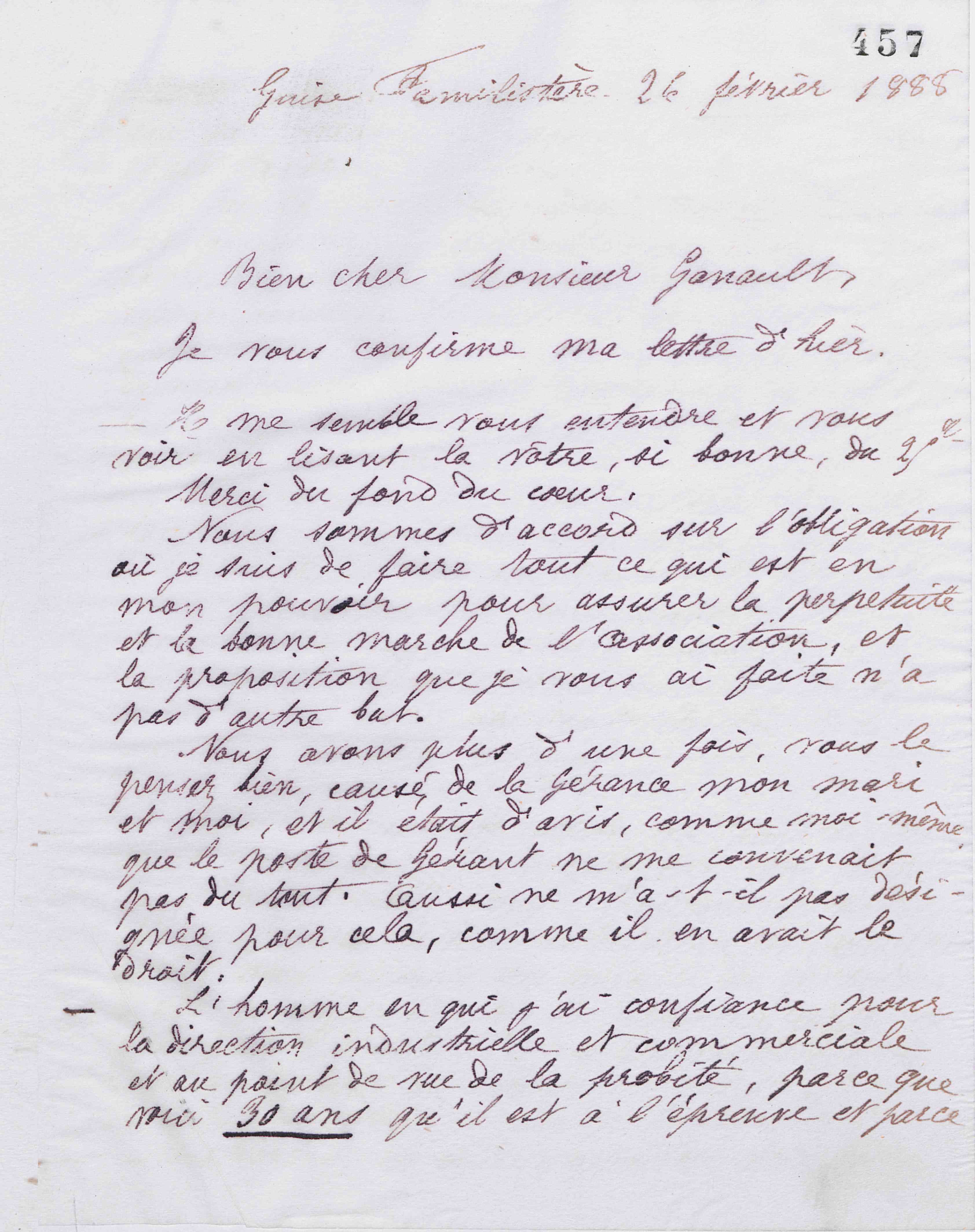 Marie Moret à Gaston Ganault, 26 février 1888