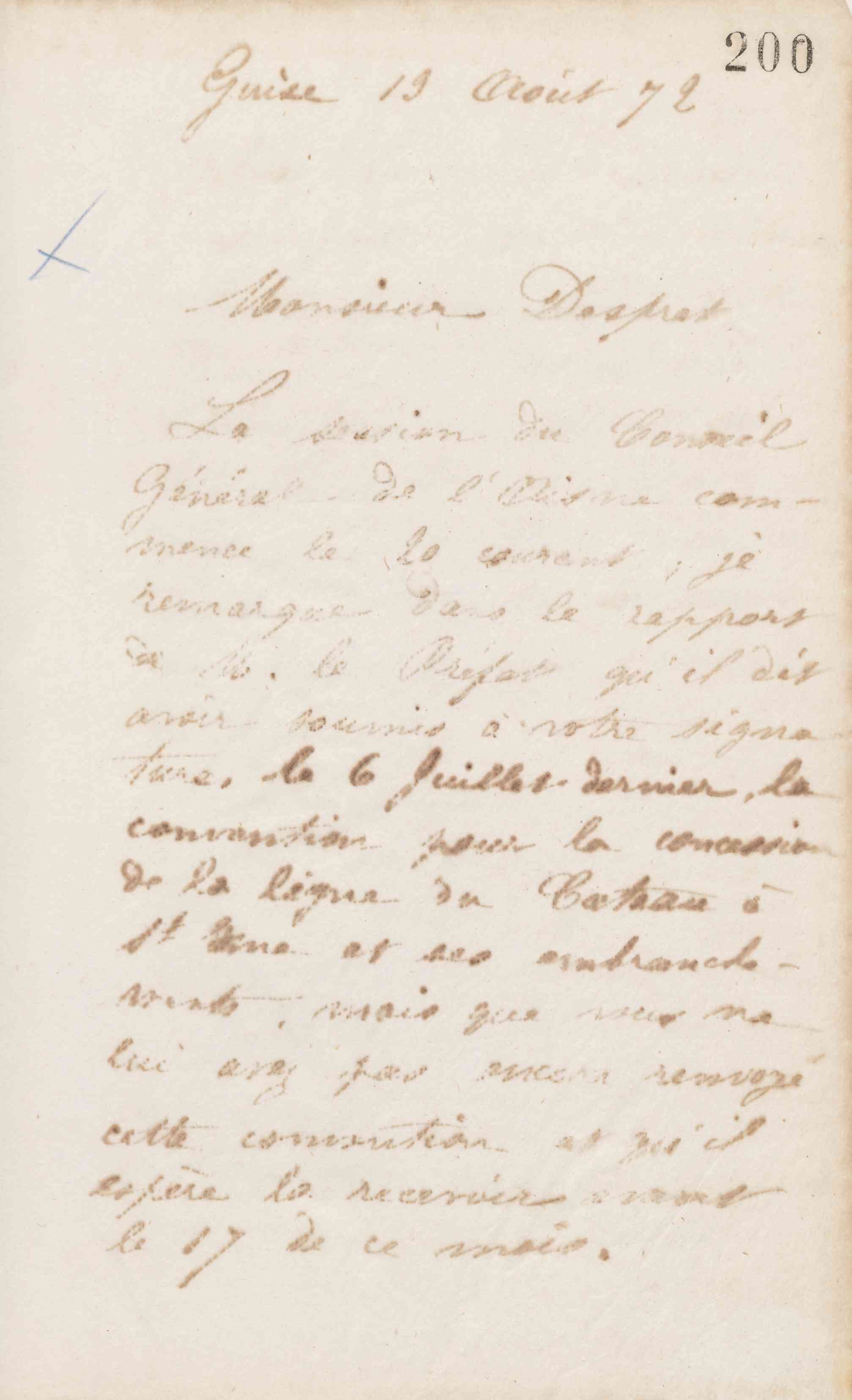 Jean-Baptiste André Godin à monsieur Despret, 19 août 1872 Jean-Baptiste André Godin à monsieur Despret, 19 août 1872
