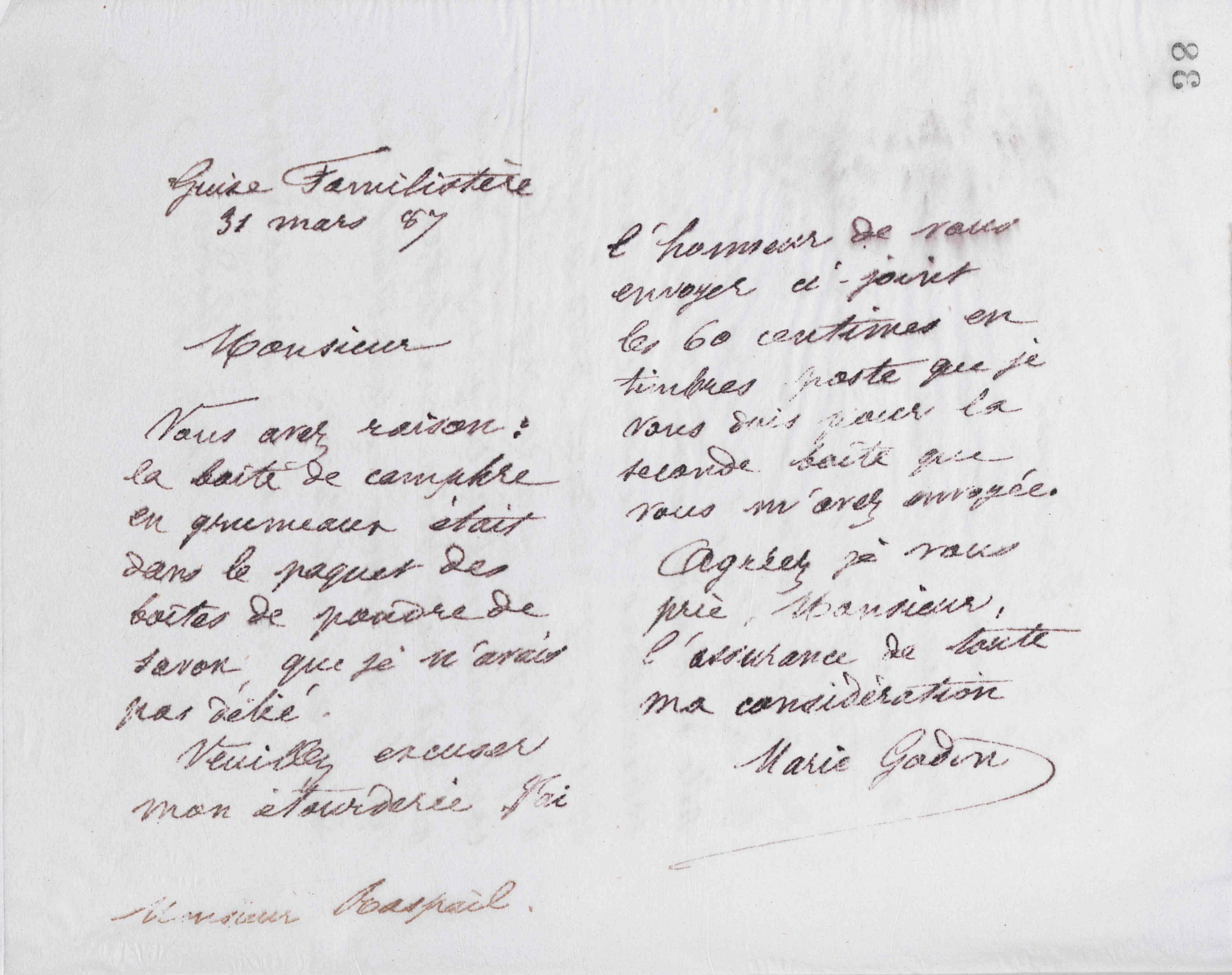 Marie Moret à E. Raspail et fils, 31 mars 1887