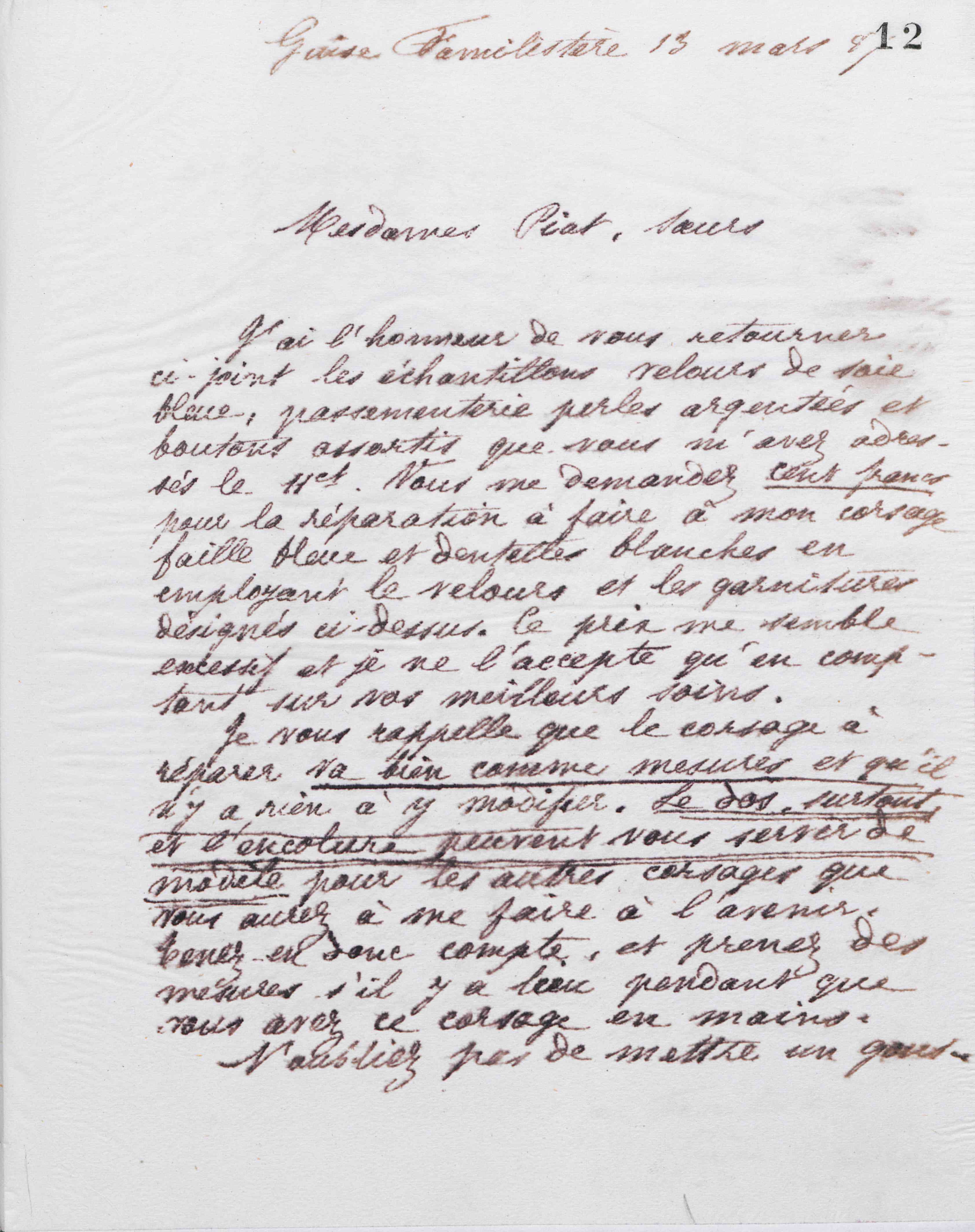 Marie Moret à Piat sœurs, 13 mars 1887 Marie Moret à Piat sœurs, 13 mars 1887