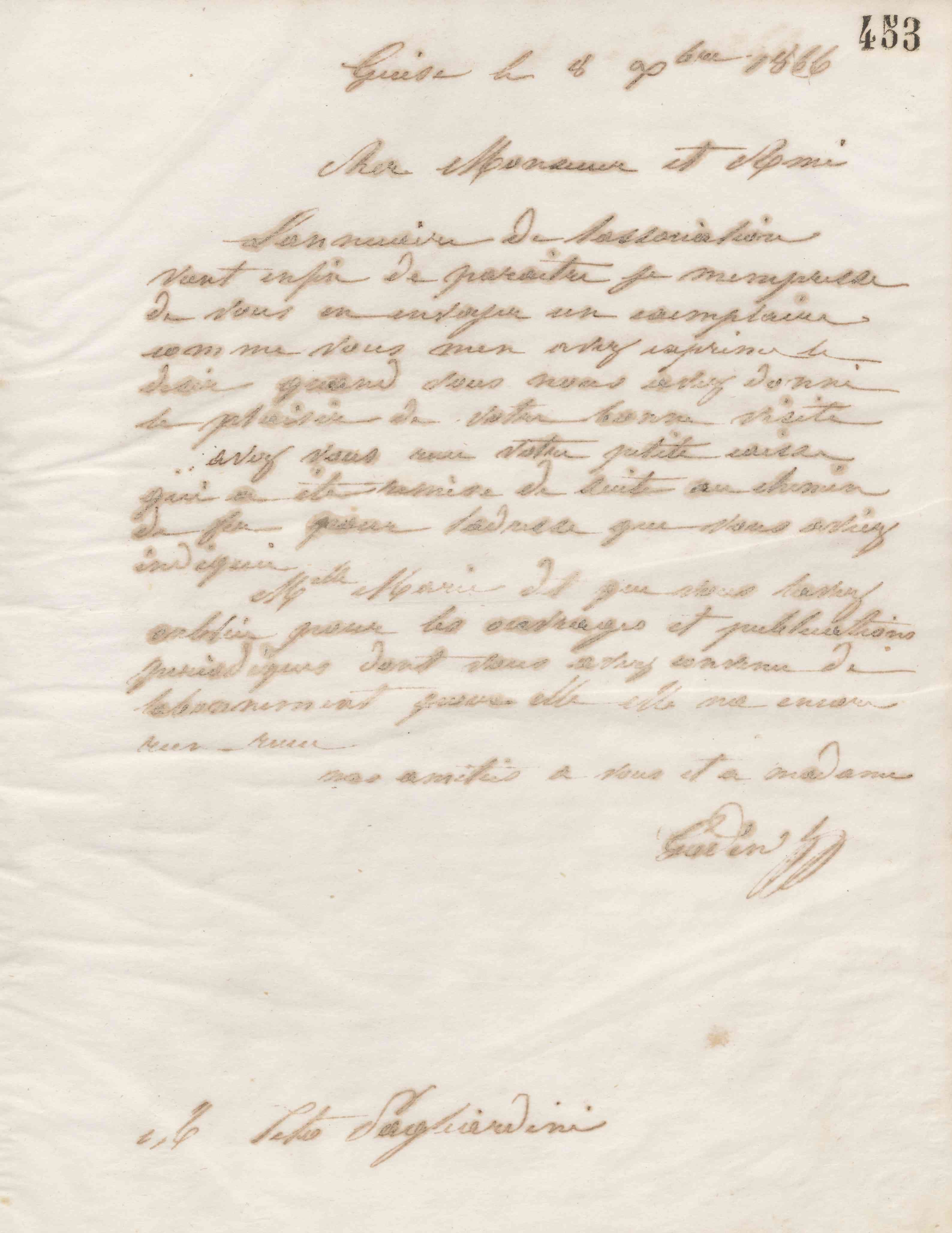 Jean-Baptiste André Godin à Tito Pagliardini, 8 décembre 1866