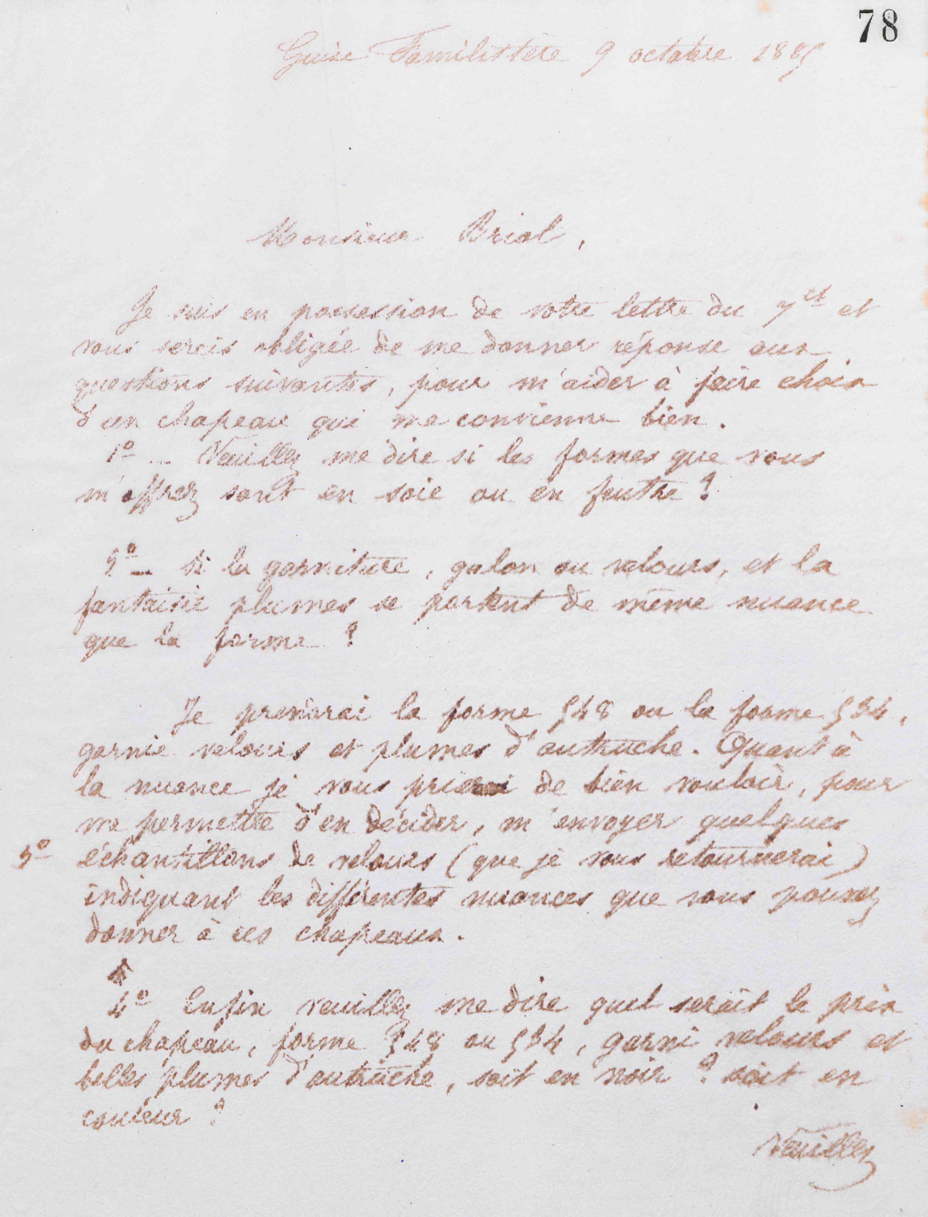 Marie Moret à Auguste Briol, 9 octobre 1885 Marie Moret à Auguste Briol, 9 octobre 1885