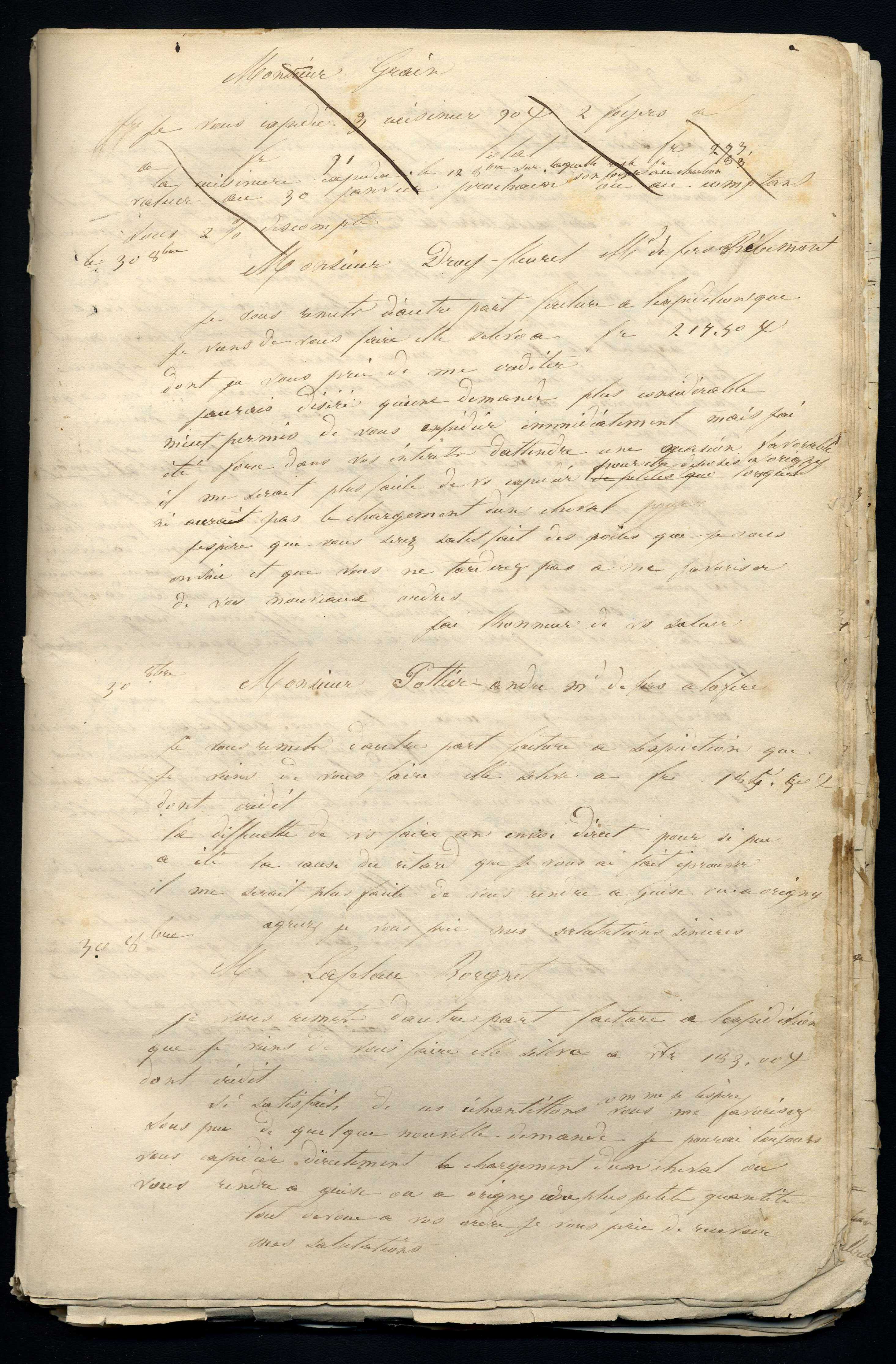 Jean-Baptiste André Godin à monsieur Laplace-Borgnet, 30 octobre [1843]