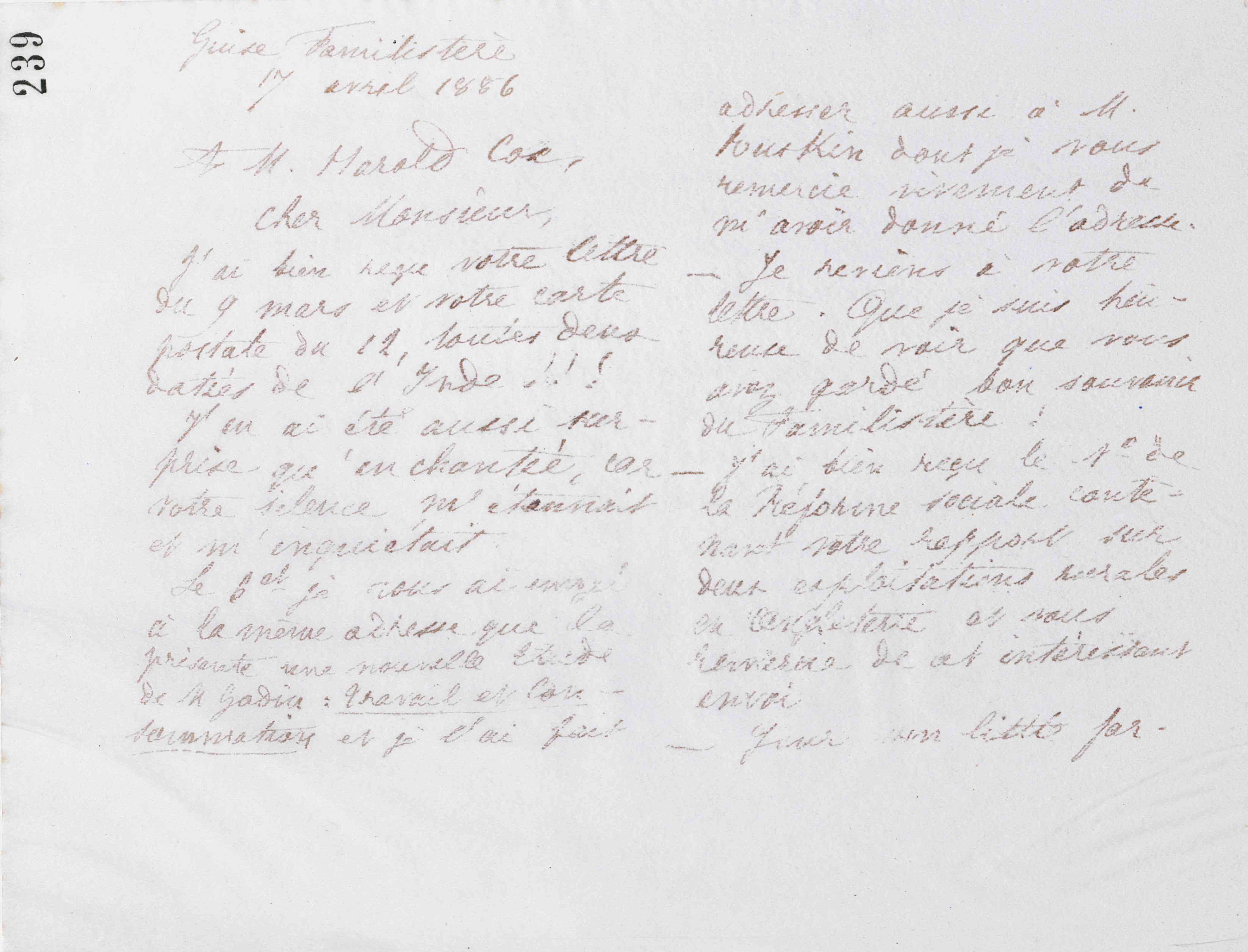 Marie Moret à Harold Cox, 17 avril 1886
