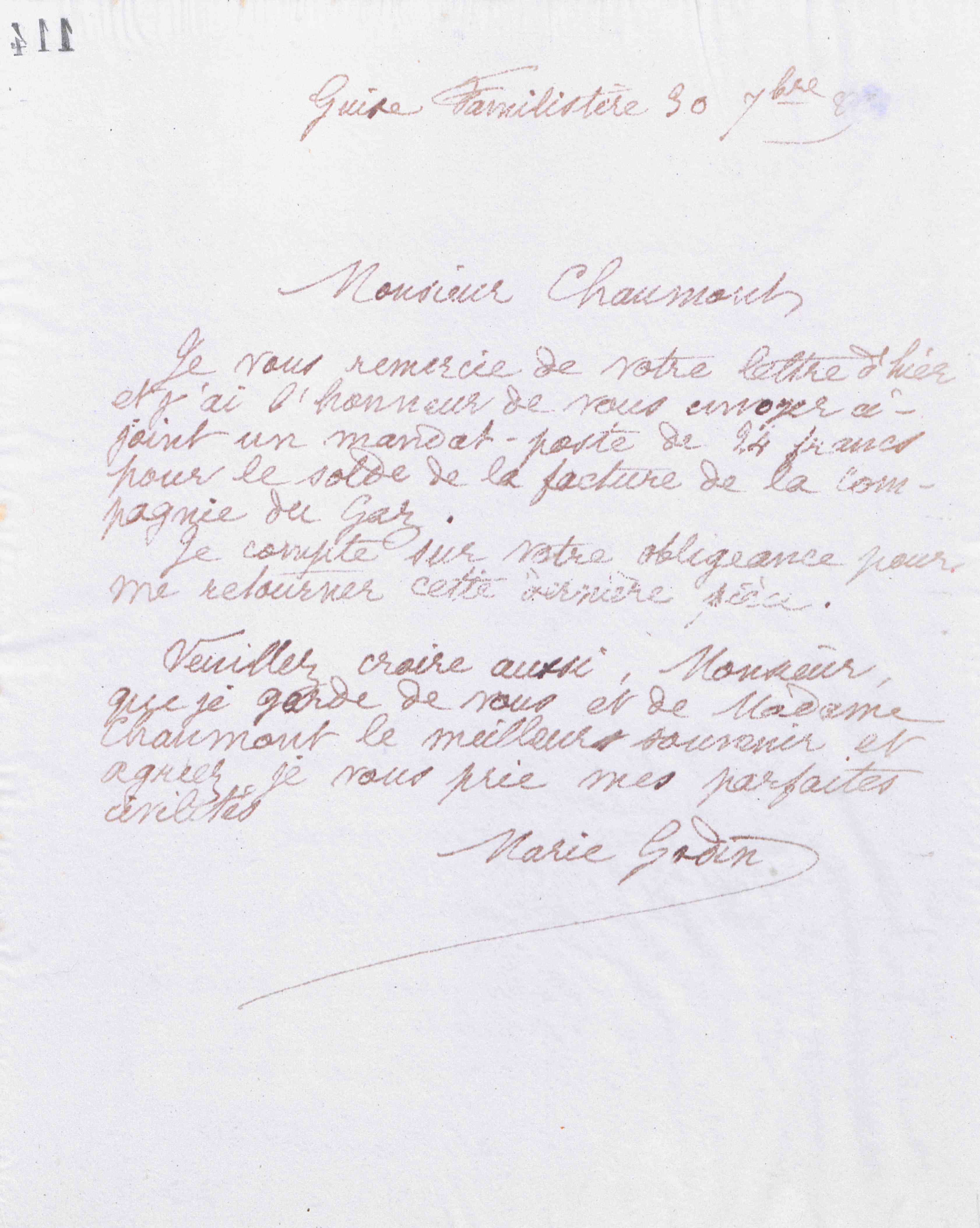 Marie Moret à monsieur Chaumont, 30 septembre 1889 Marie Moret à monsieur Chaumont, 30 septembre 1889