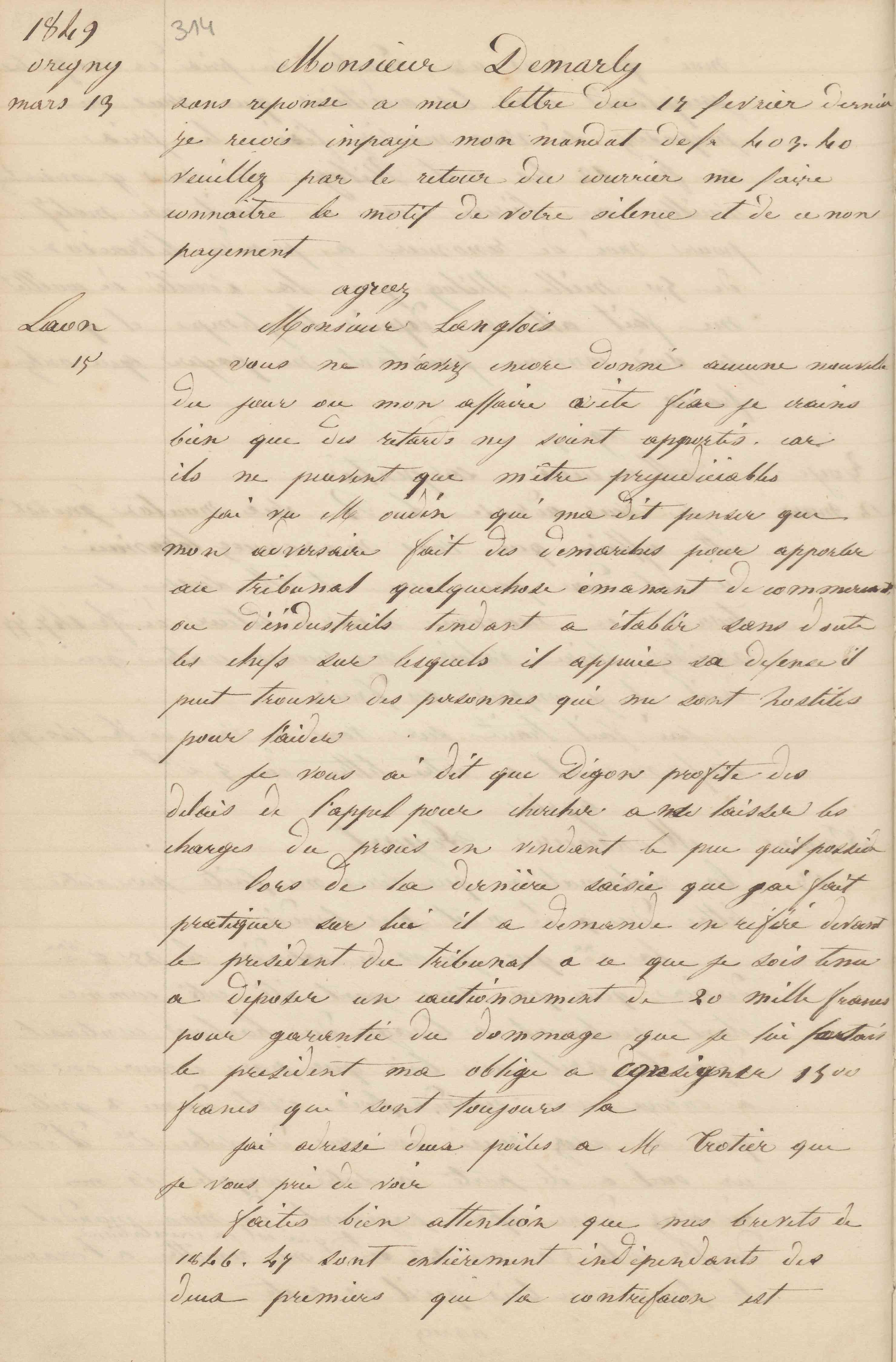 Jean-Baptiste André Godin à monsieur Langlois, 15 mars 1849