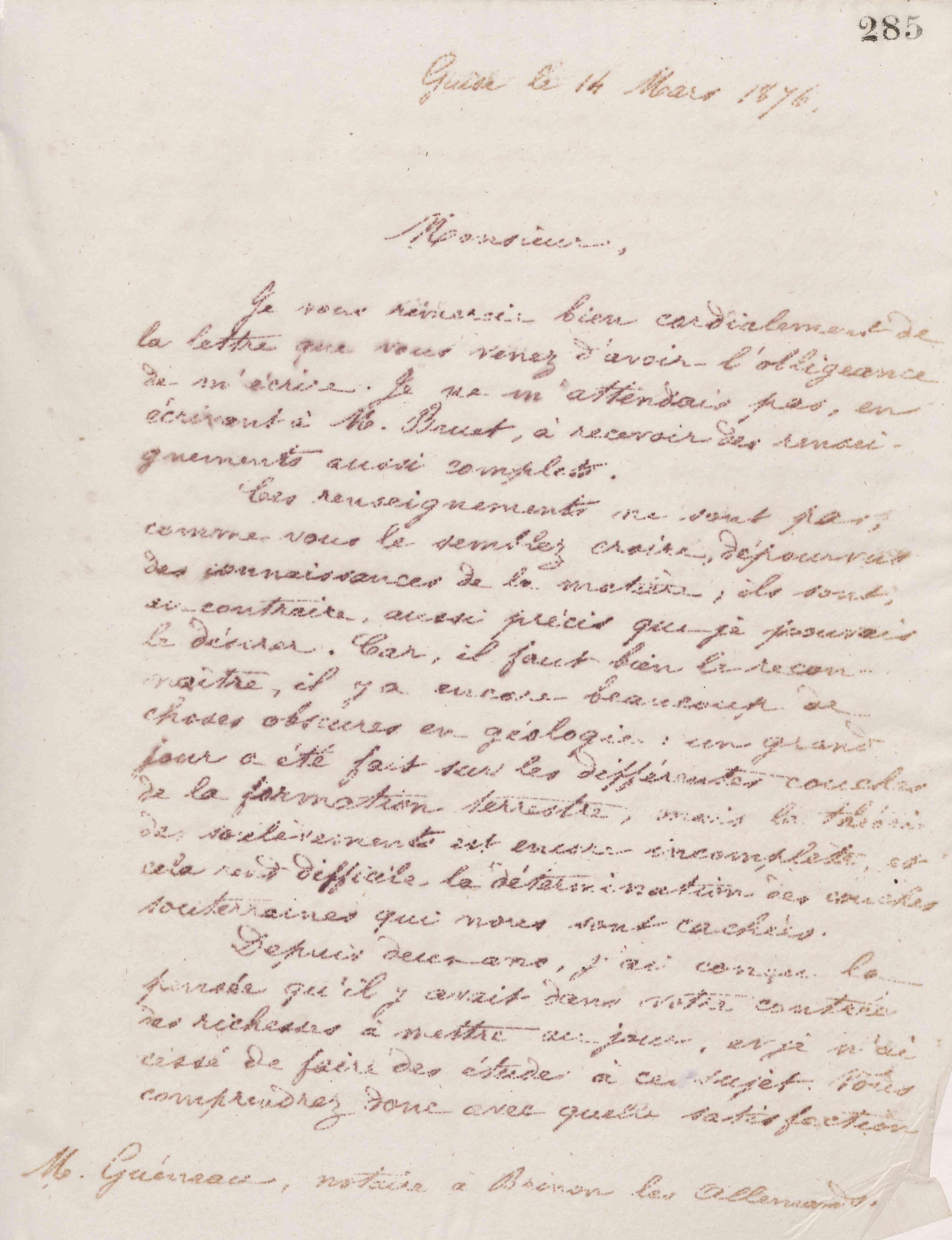 Jean-Baptiste André Godin à monsieur Guéneau, 14 mars 1876