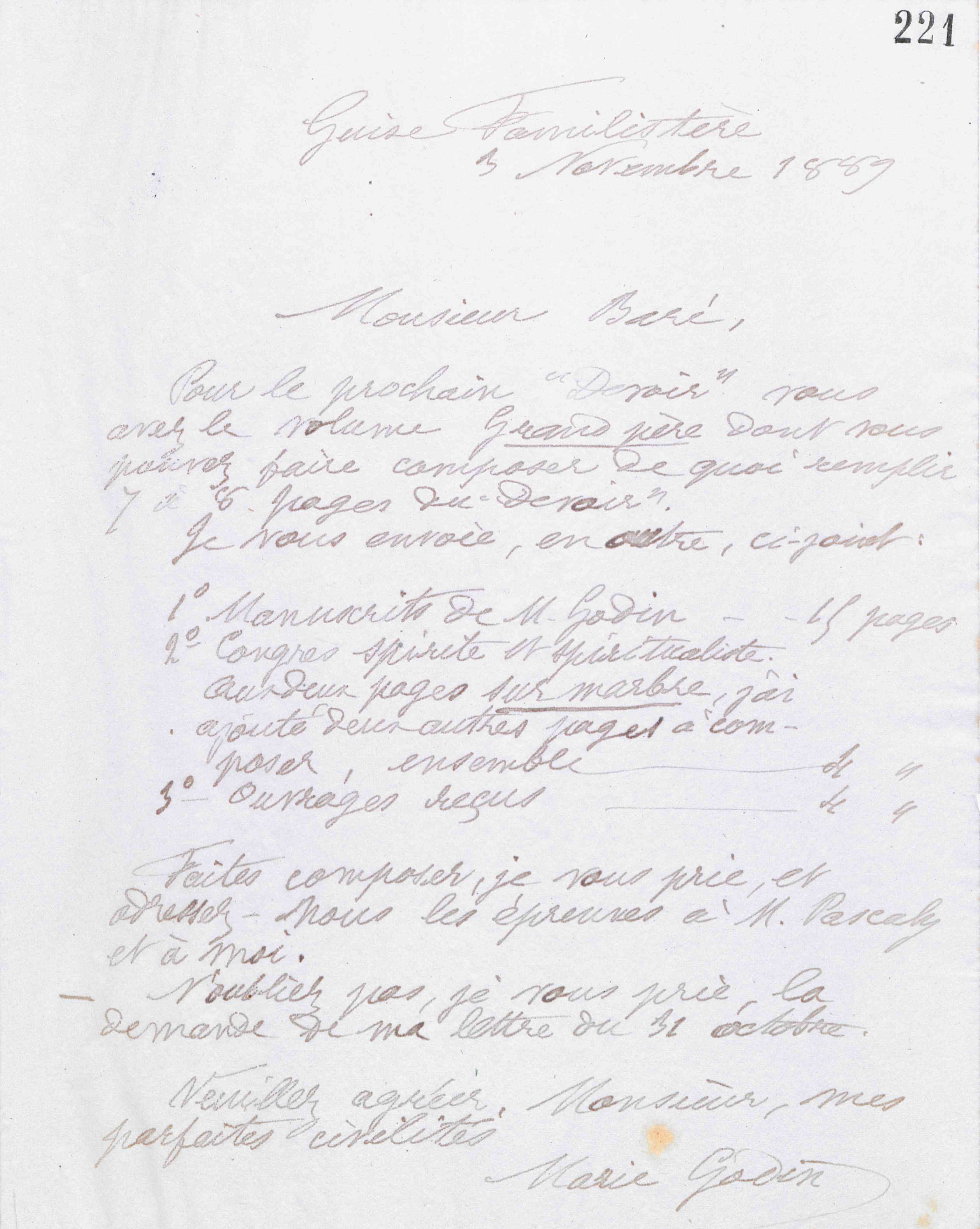Marie Moret à Jules Édouard Baré, 3 novembre 1889