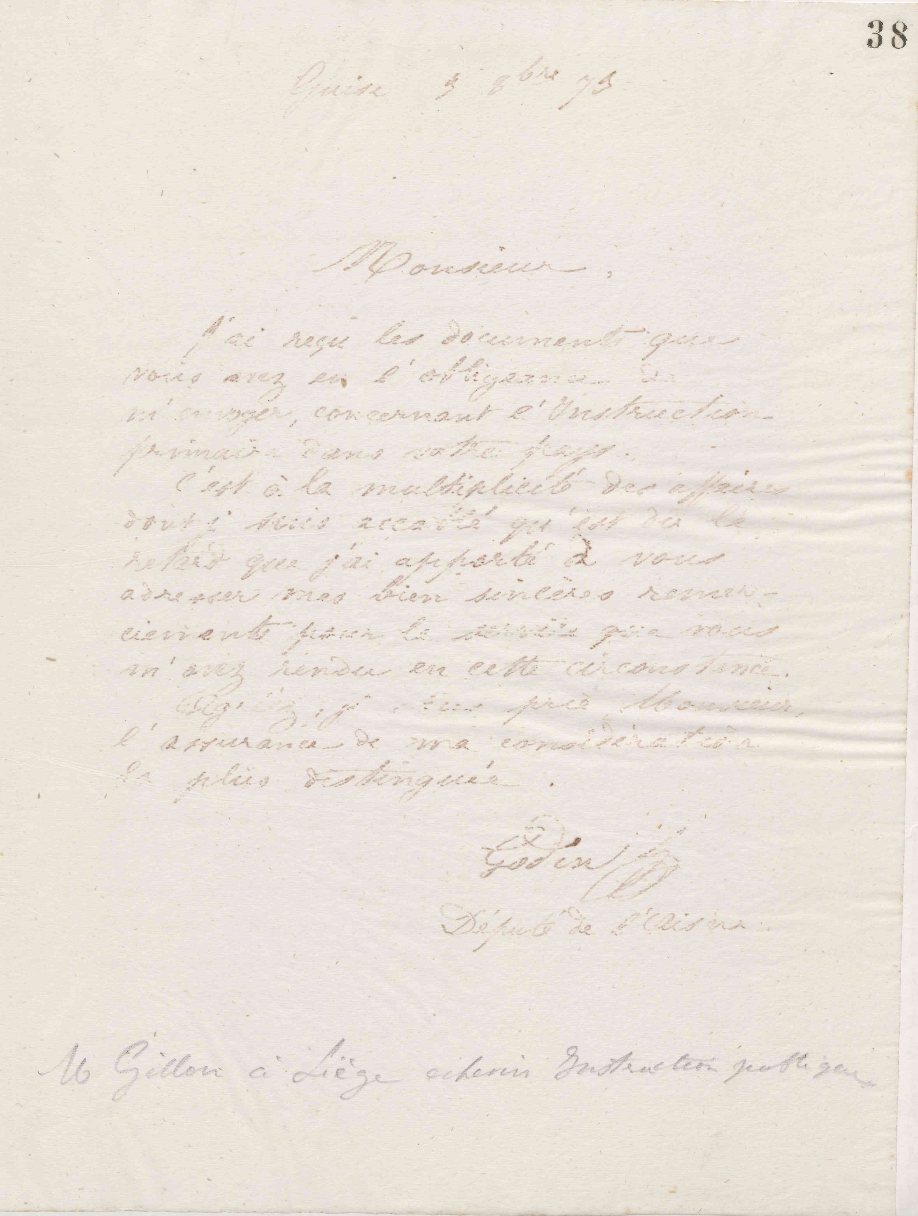 Jean-Baptiste André Godin à monsieur Gillon, 3 octobre 1873 Jean-Baptiste André Godin à monsieur Gillon, 3 octobre 1873