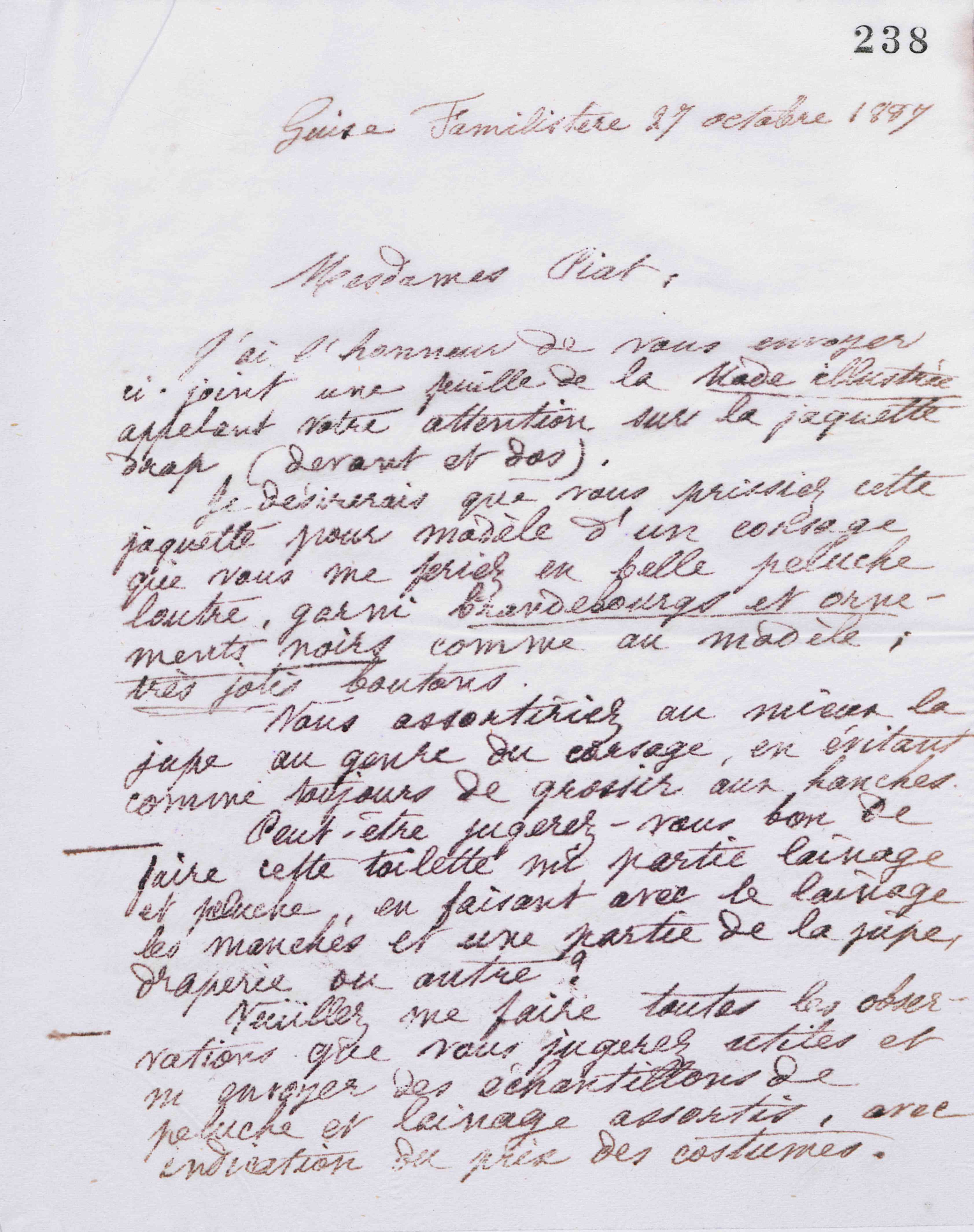 Marie Moret à Piat sœurs, 27 octobre 1887 Marie Moret à Piat sœurs, 27 octobre 1887