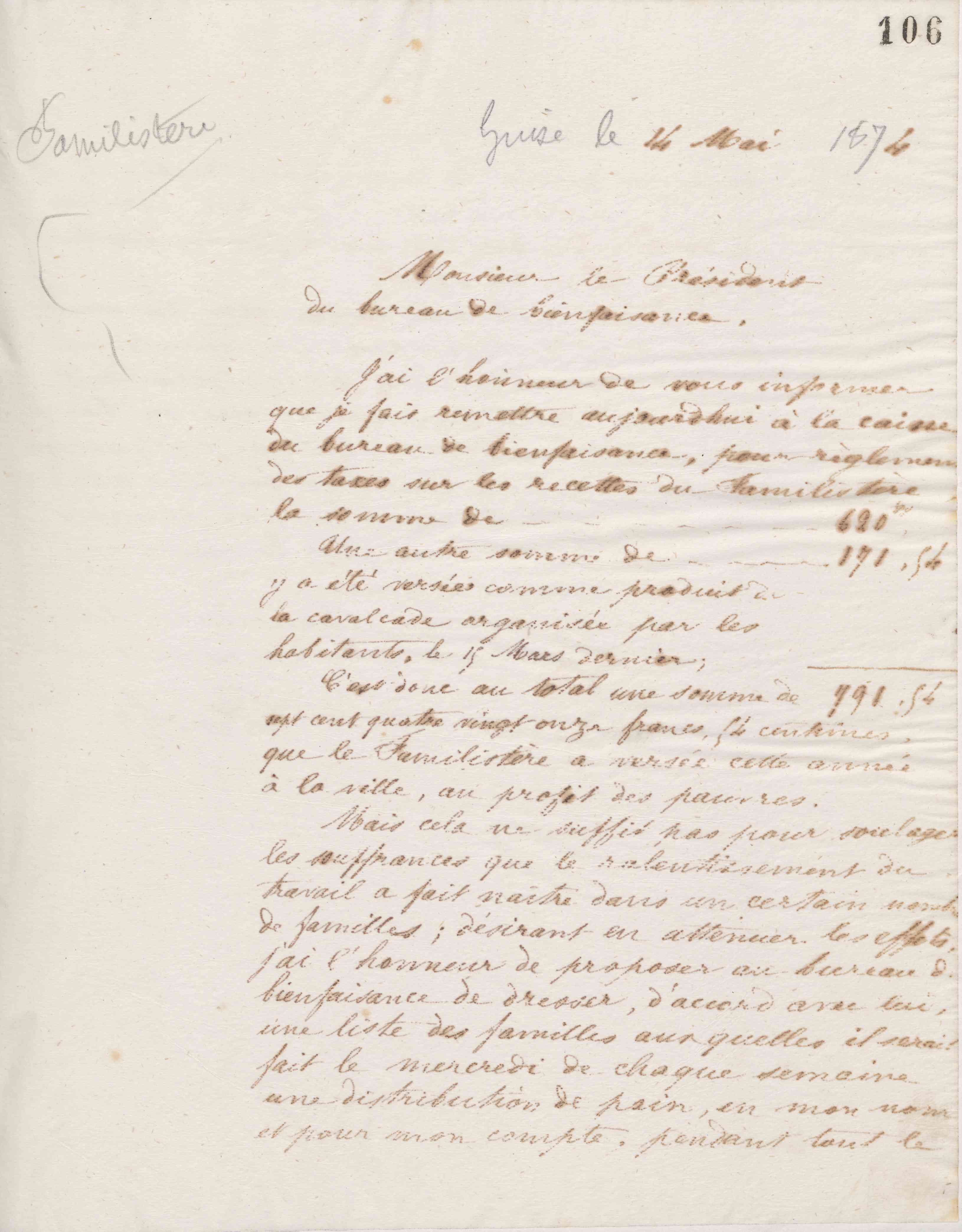 Jean-Baptiste André Godin au président du bureau de bienfaisance, 14 mai 1874