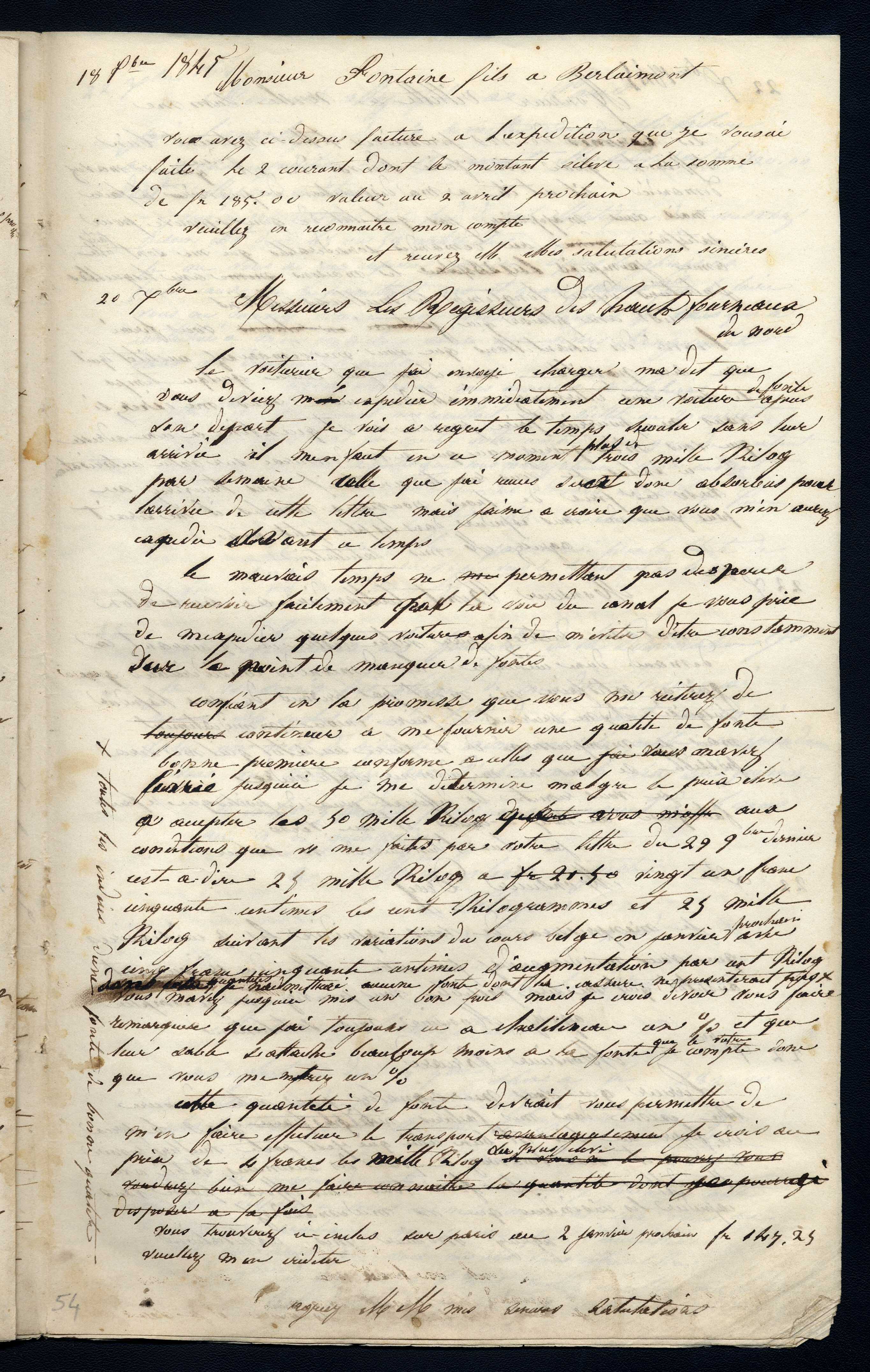 Jean-Baptiste André Godin aux régisseurs des hauts-fourneaux du Nord, 21 décembre [1845]