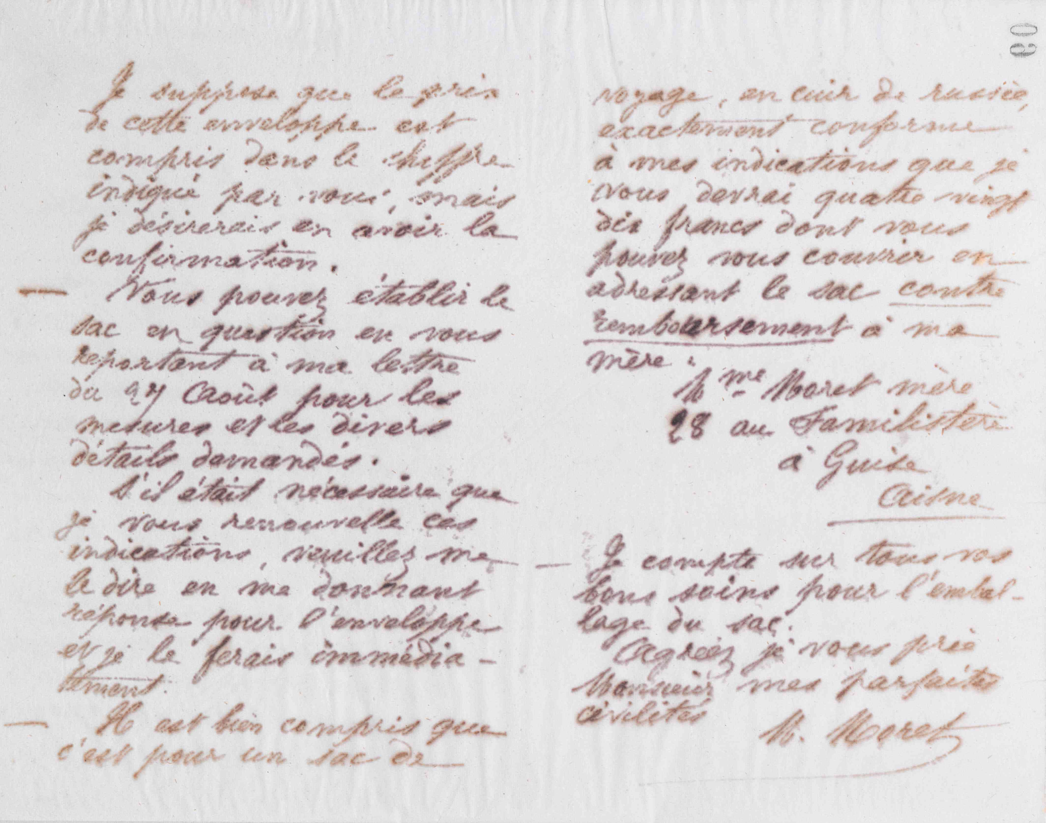 Marie Moret au Directeur du service des expéditions, 2 septembre 1875