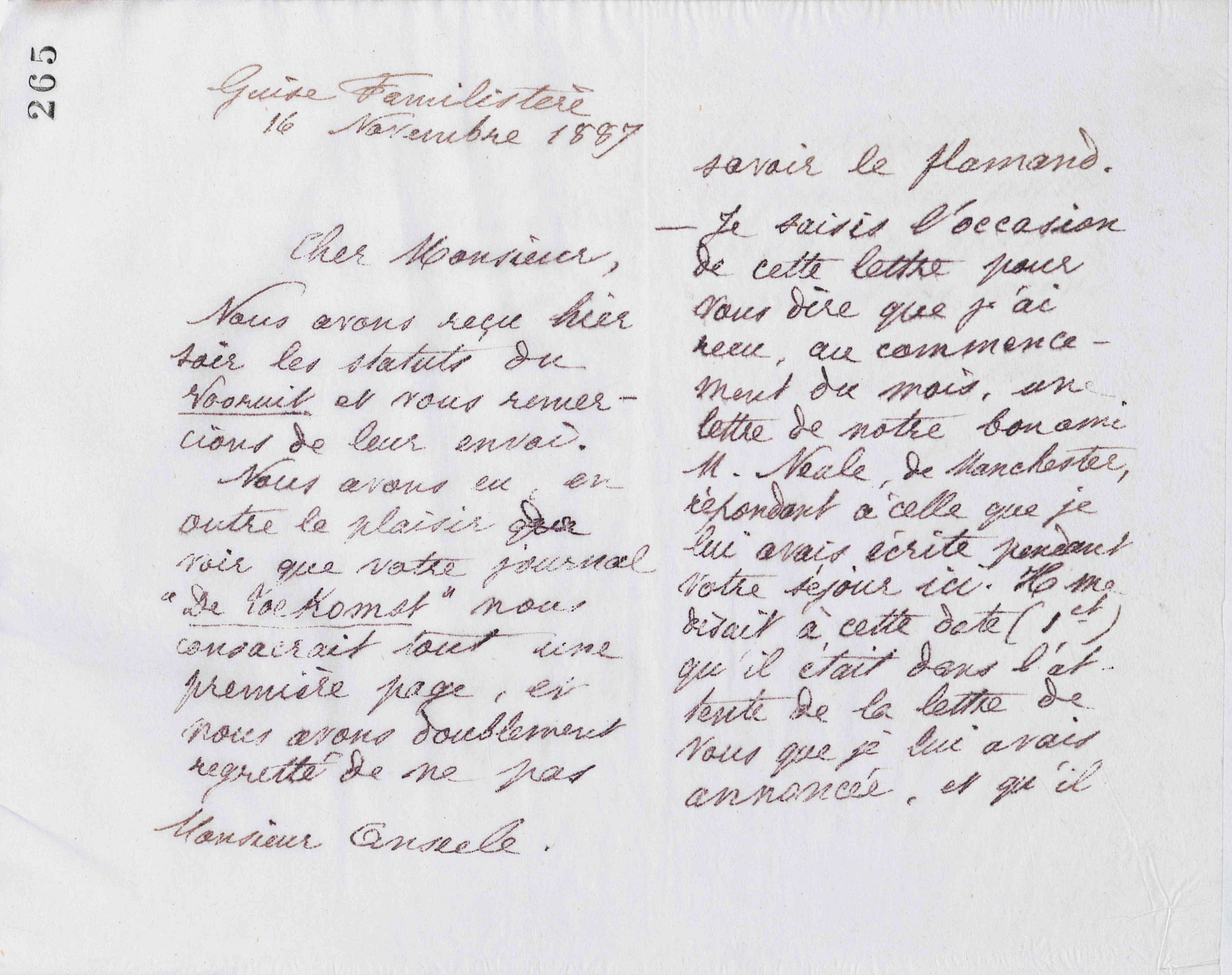 Marie Moret à Edward Anseele, 16 novembre 1887