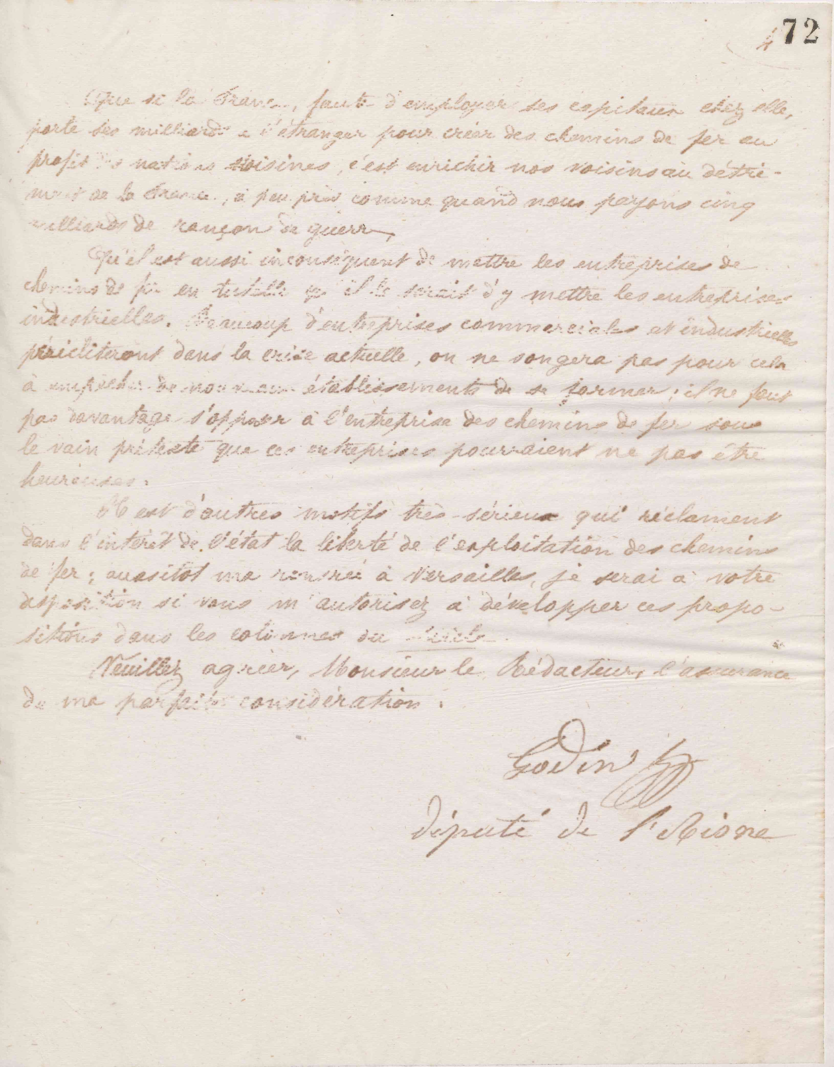 Jean-Baptiste André Godin au rédacteur du journal Le Siècle, 18 février 1874