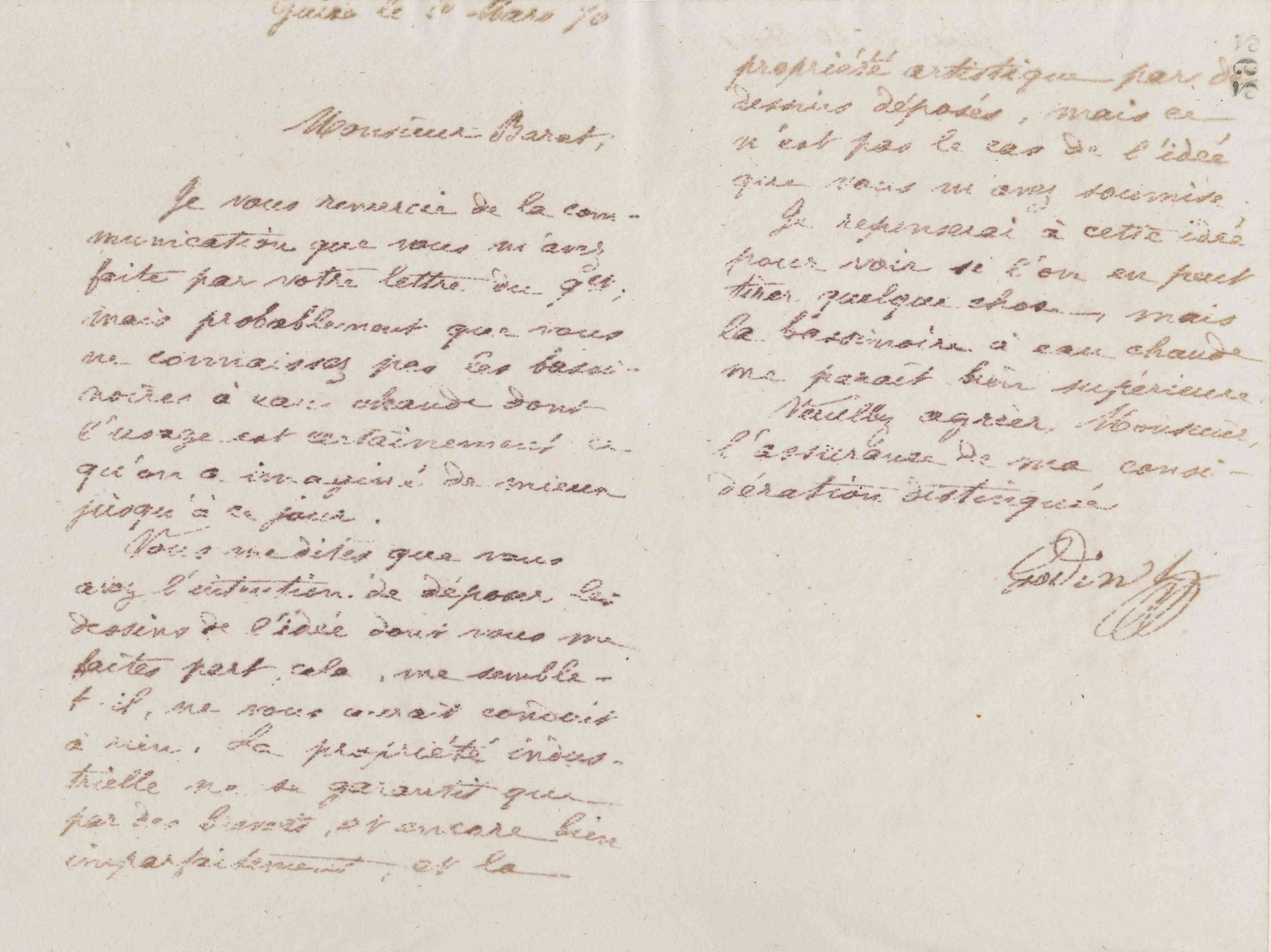 Jean-Baptiste André Godin à monsieur Barat, 20 mars 1876