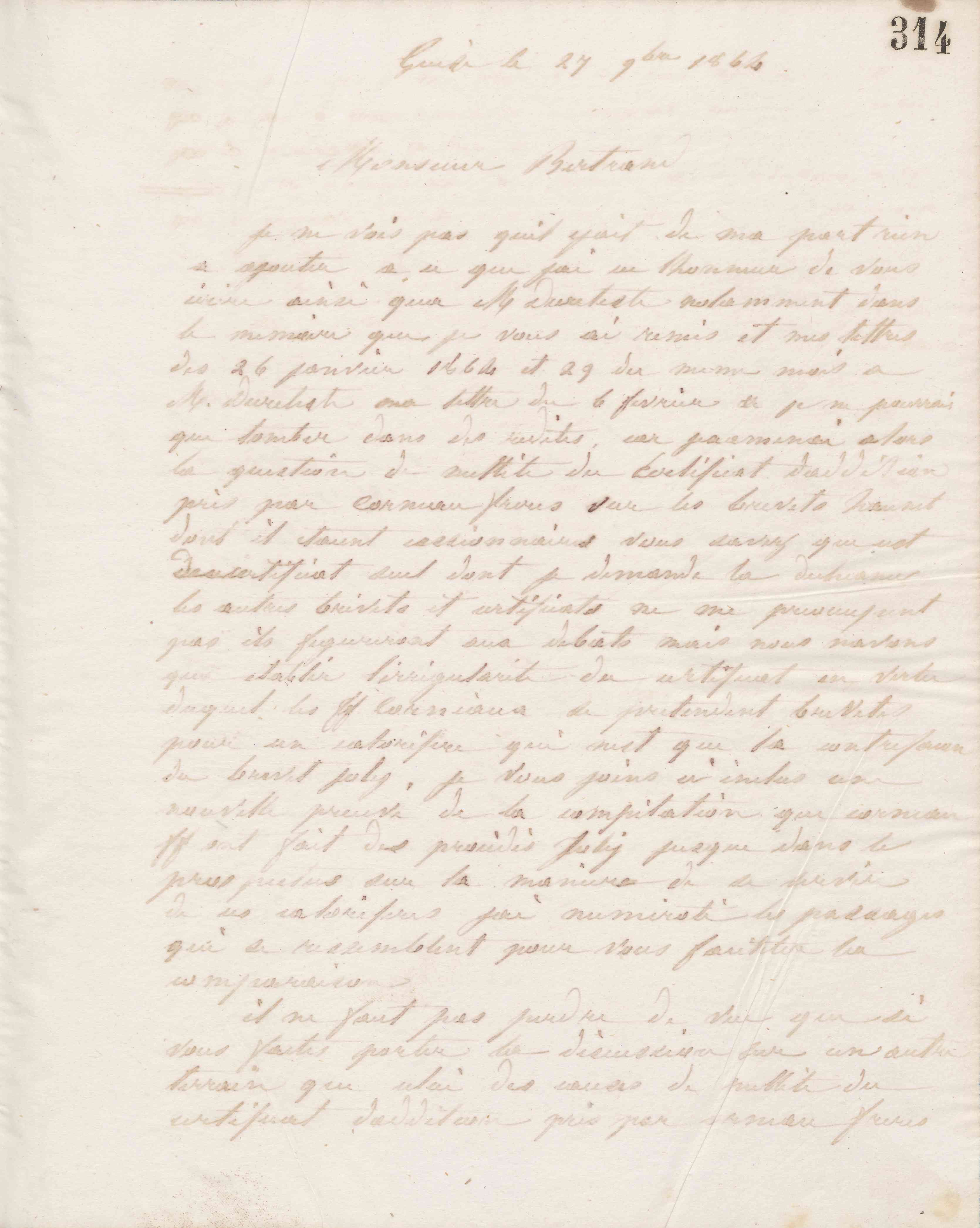 Jean-Baptiste André Godin à monsieur Bertrand, 27 novembre 1864