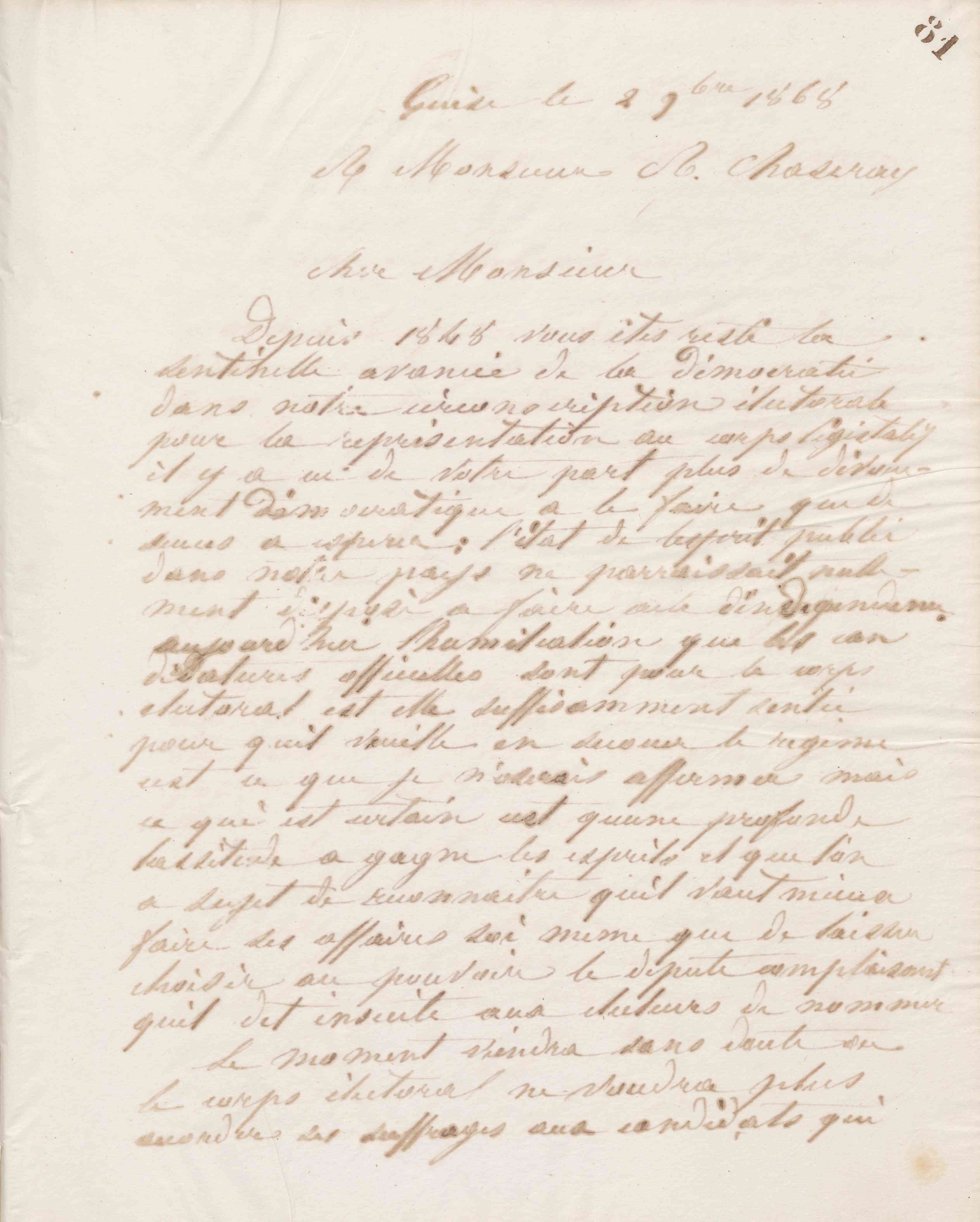 Jean-Baptiste André Godin à Alexandre Chaseray, 2 novembre 1868