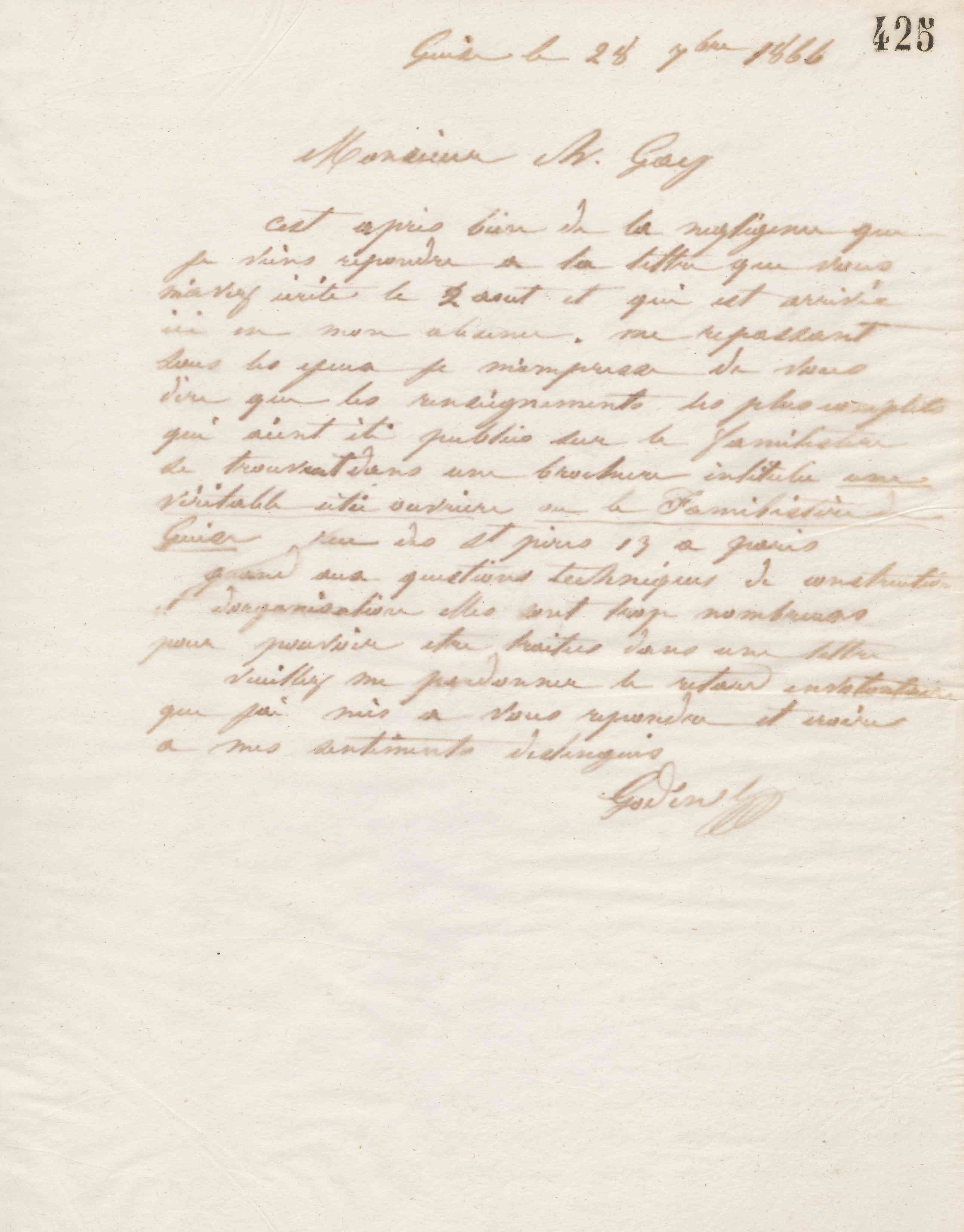Jean-Baptiste André Godin à monsieur Ch. Gay, 28 septembre 1866