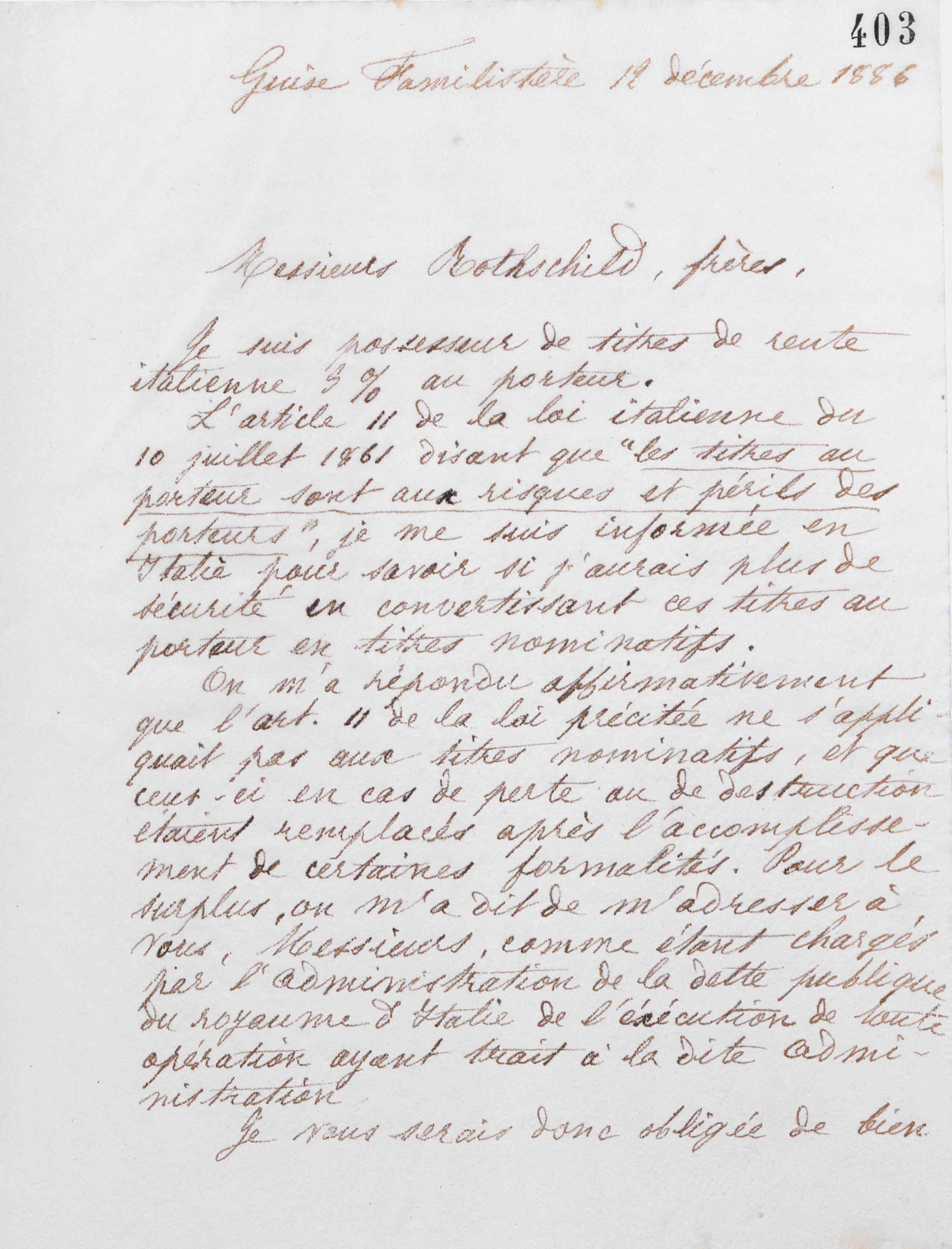 Marie Moret à Rothschild frères, 12 décembre 1886