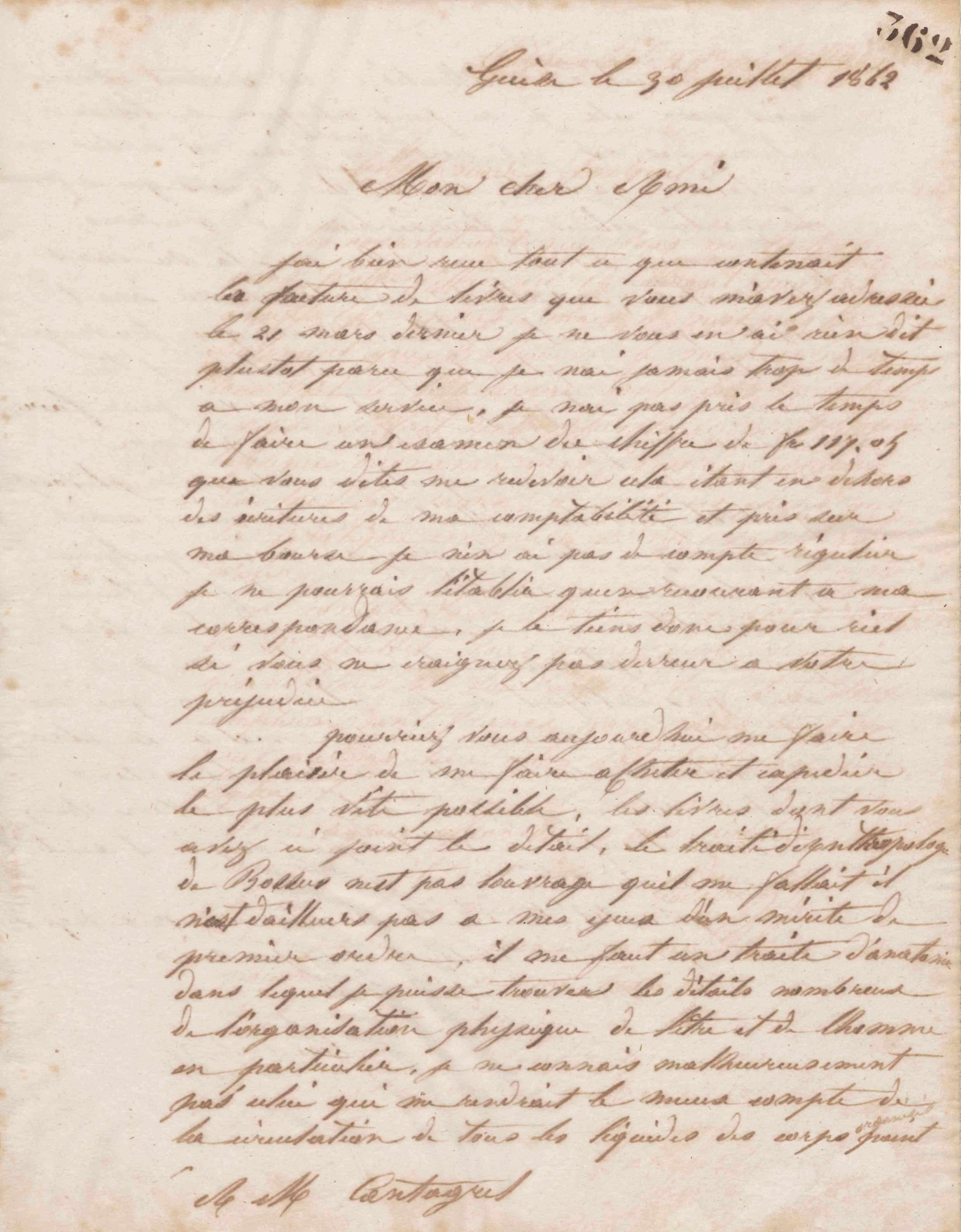 Jean-Baptiste André Godin à François Cantagrel, 30 juillet 1862