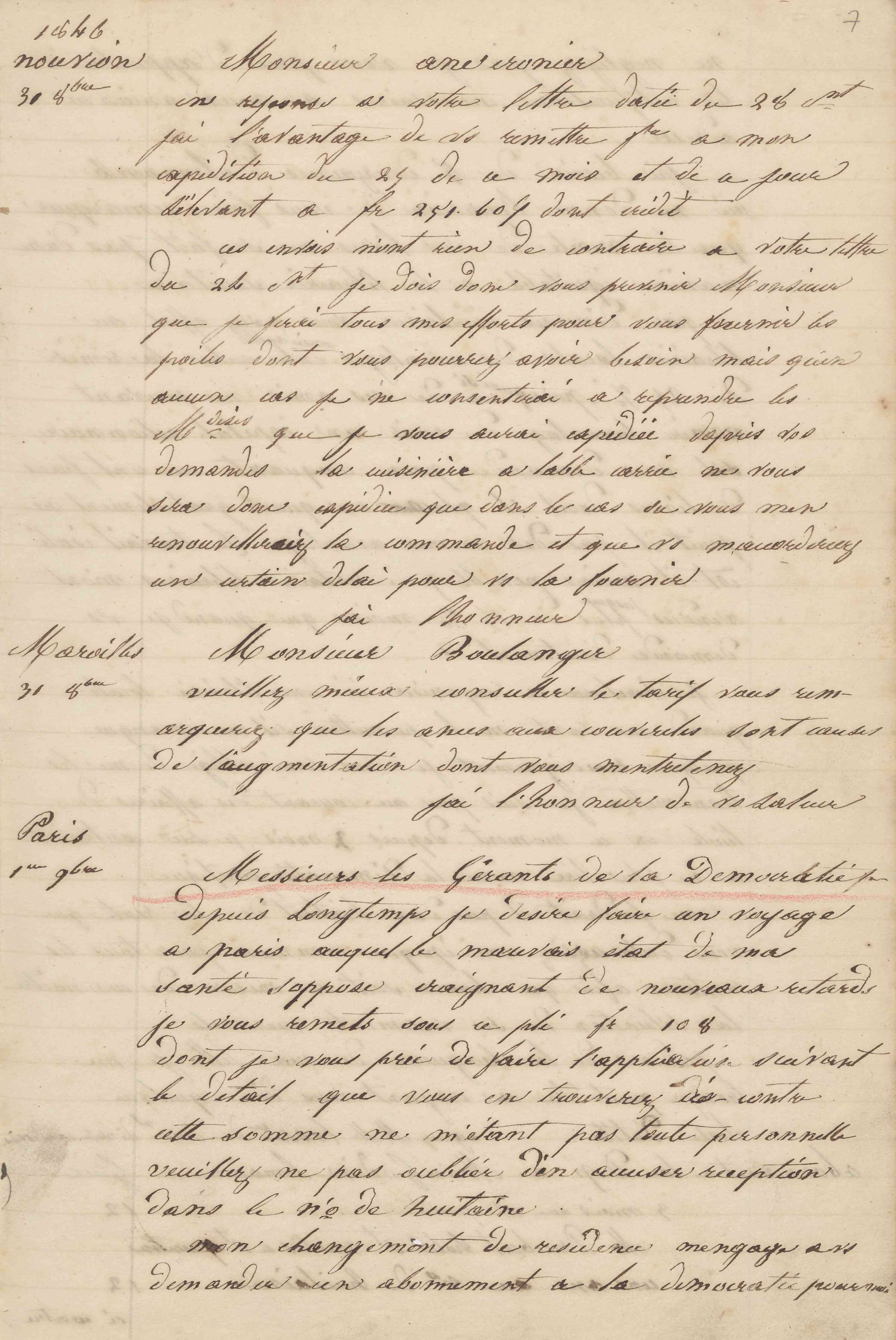 Jean-Baptiste André Godin aux gérants de La Démocratie pacifique, 1er novembre 1846