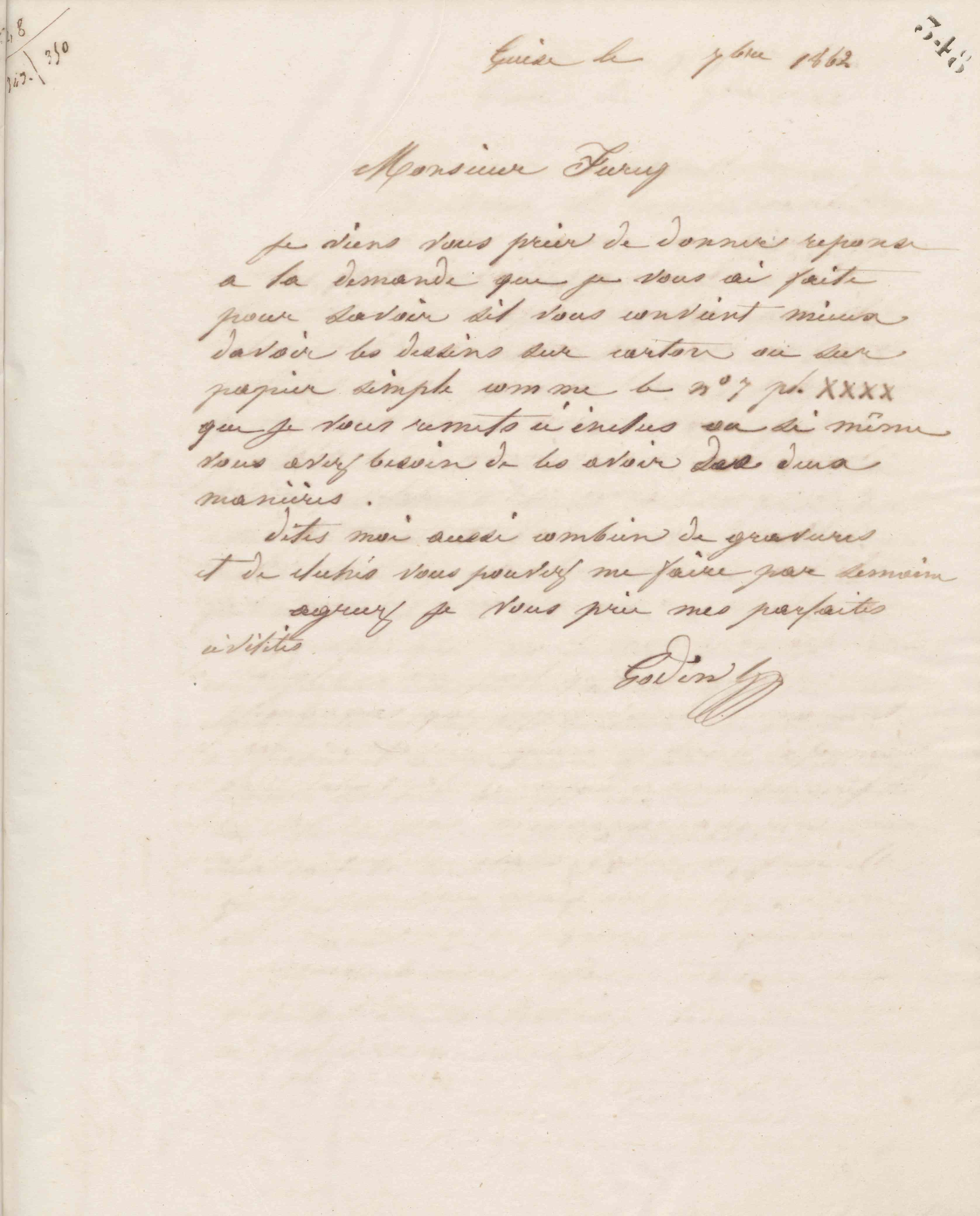 Jean-Baptiste André Godin à monsieur C. H. Furcy, après le 9 septembre 1862