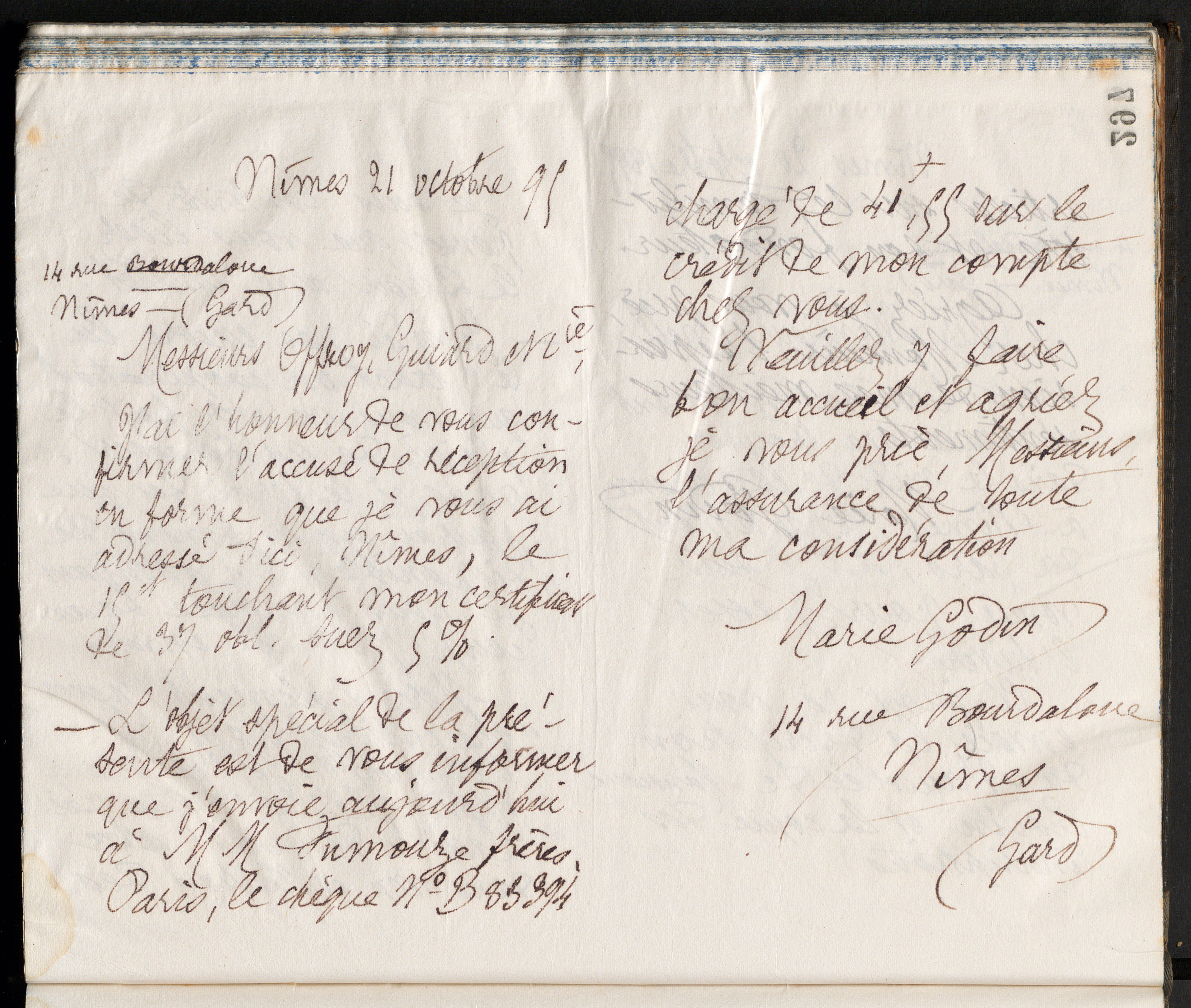 Marie Moret à Offroy, Guiard et Cie, 21 octobre 1895
