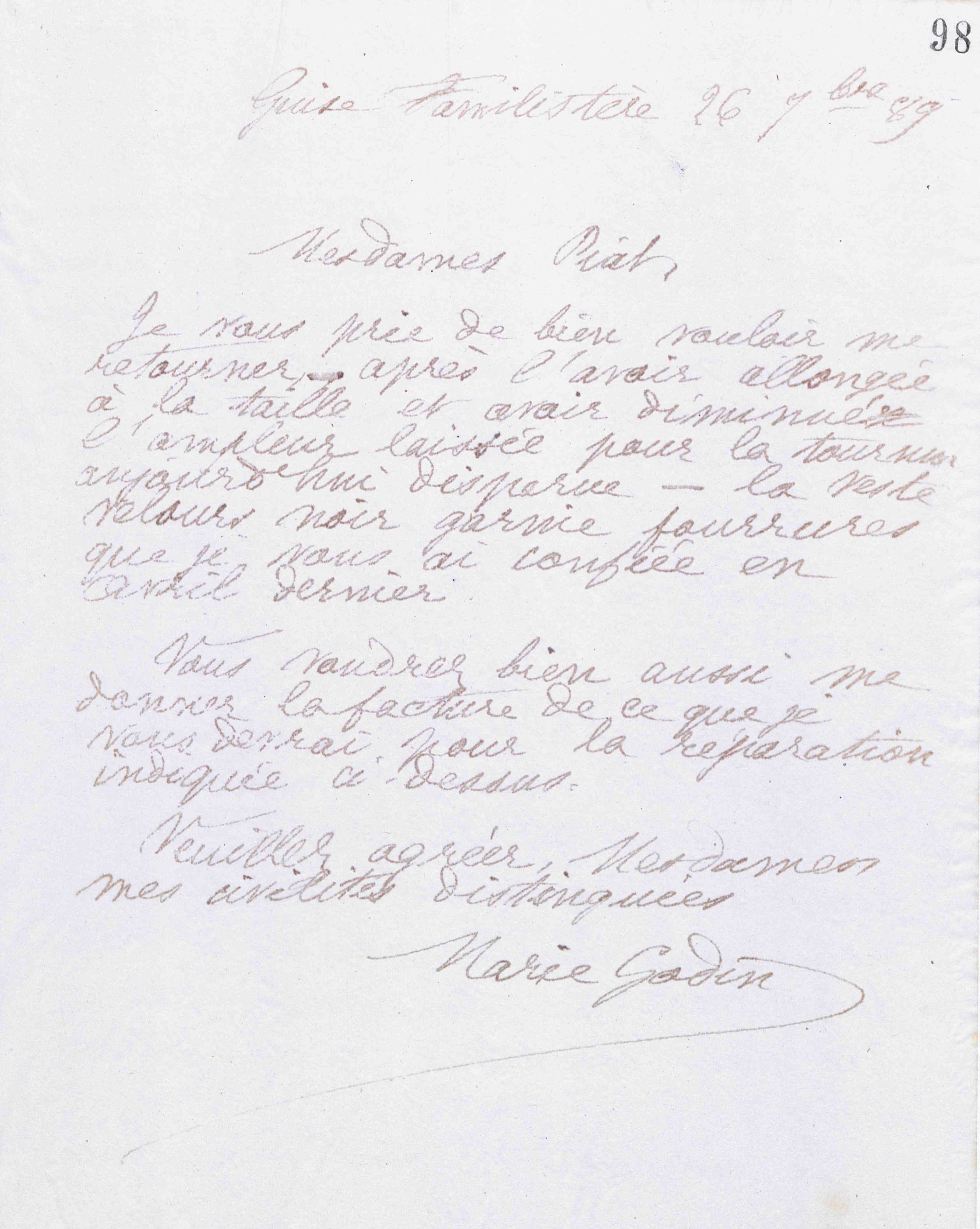 Marie Moret à mesdames Piat, 26 septembre 1889 Marie Moret à mesdames Piat, 26 septembre 1889