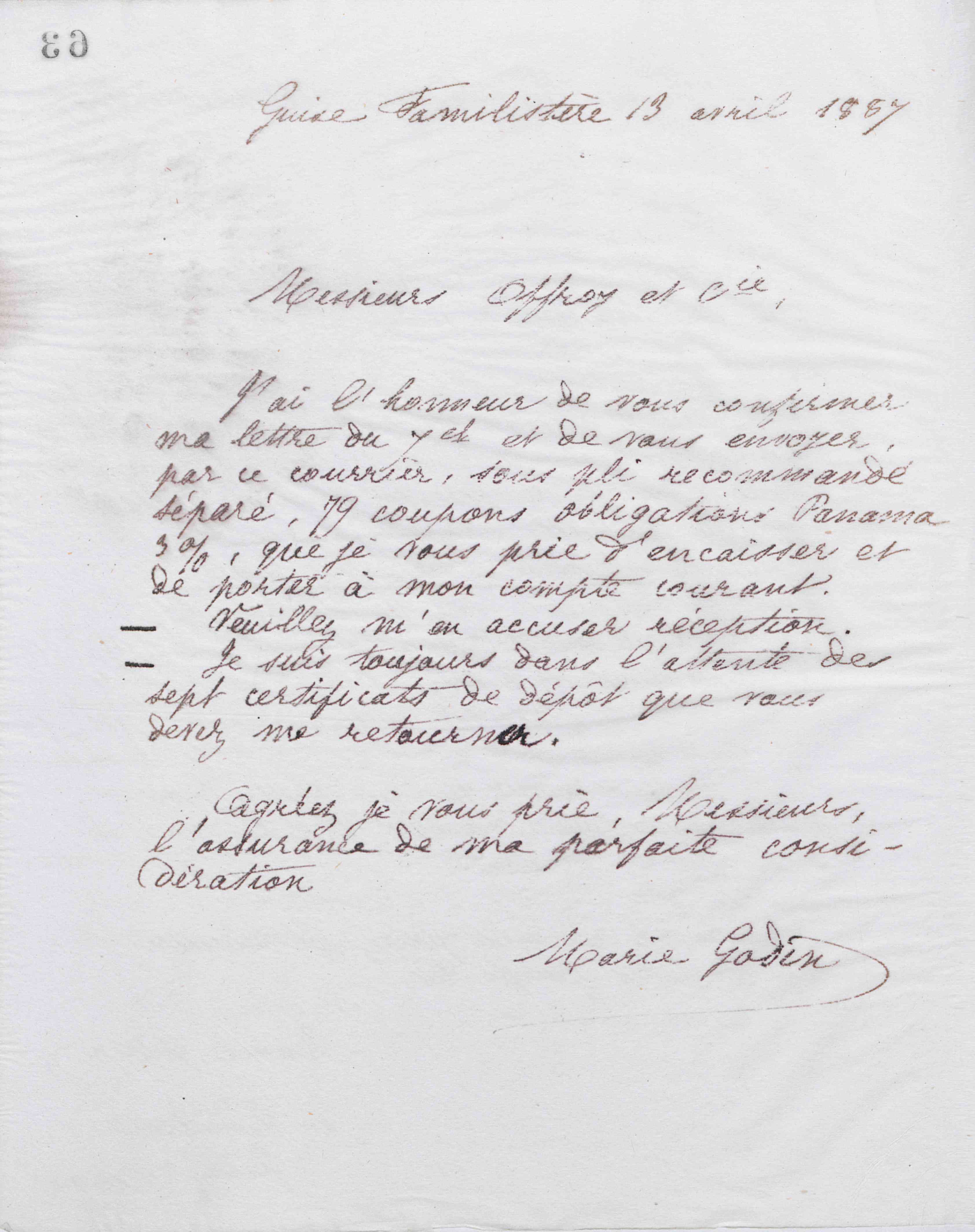 Marie Moret à Offroy et Cie, 13 avril 1887