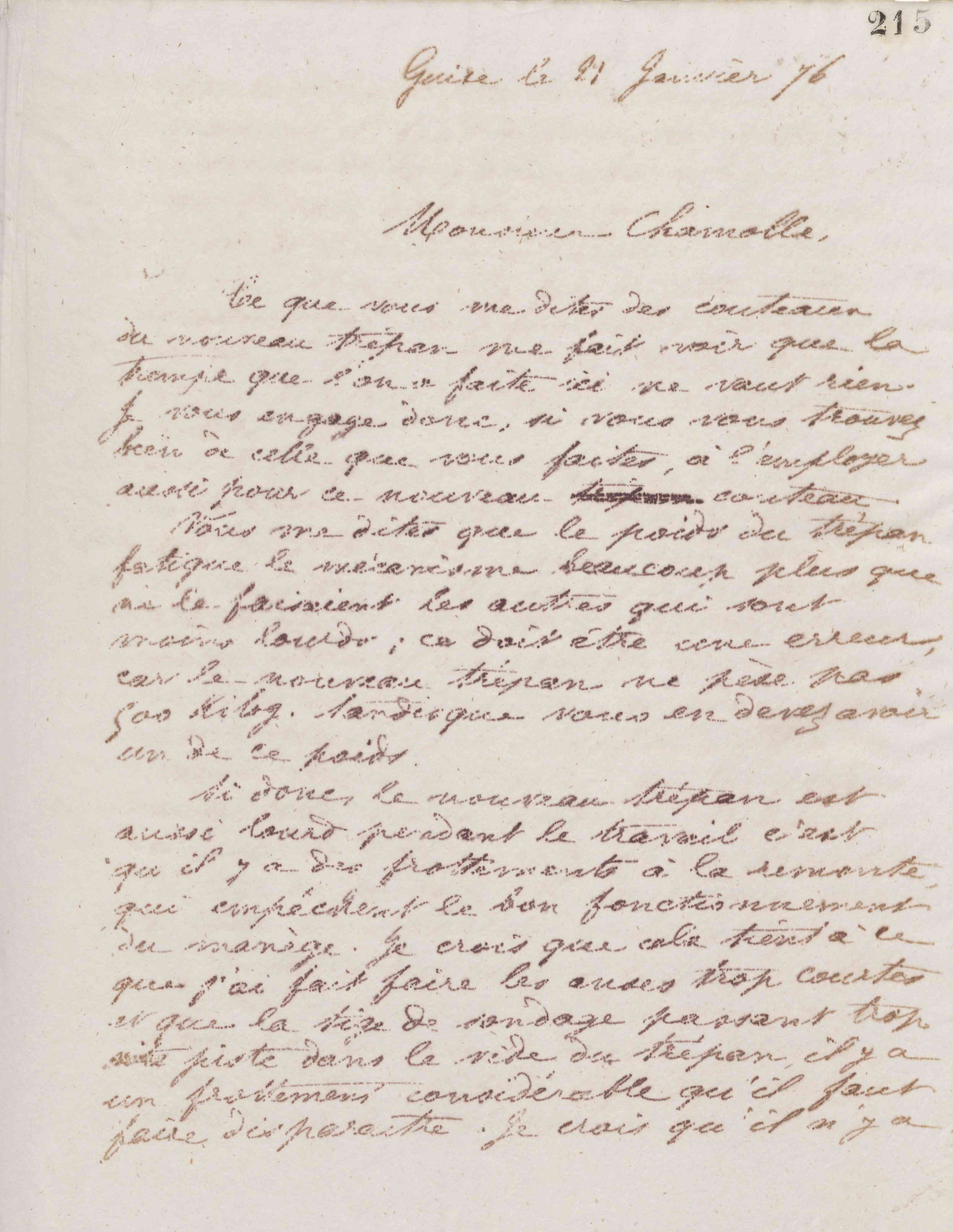 Jean-Baptiste André Godin à monsieur Chamolle, 21 janvier 1876 Jean-Baptiste André Godin à monsieur Chamolle, 21 janvier 1876