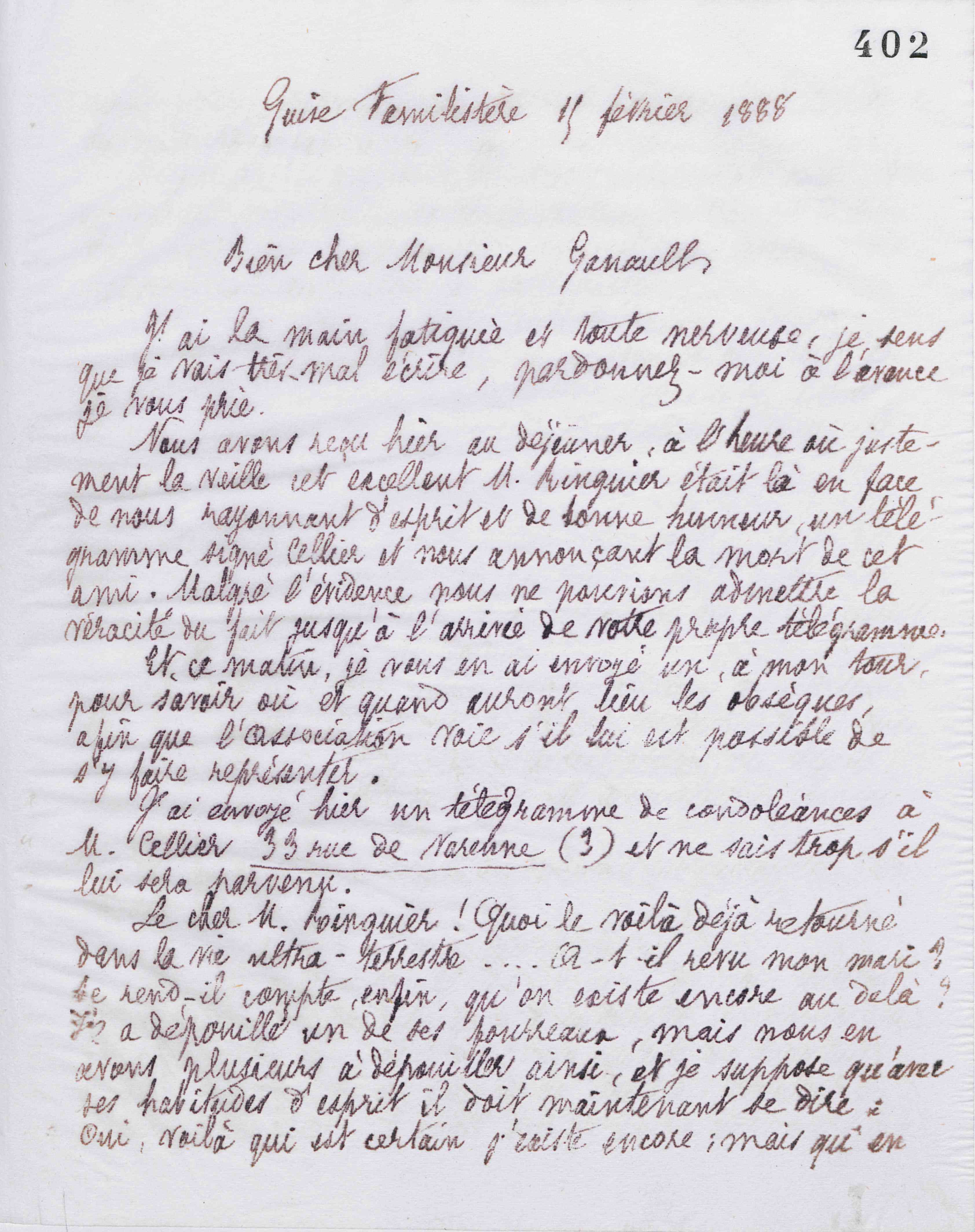 Marie Moret à Gaston Ganault, 15 février 1888