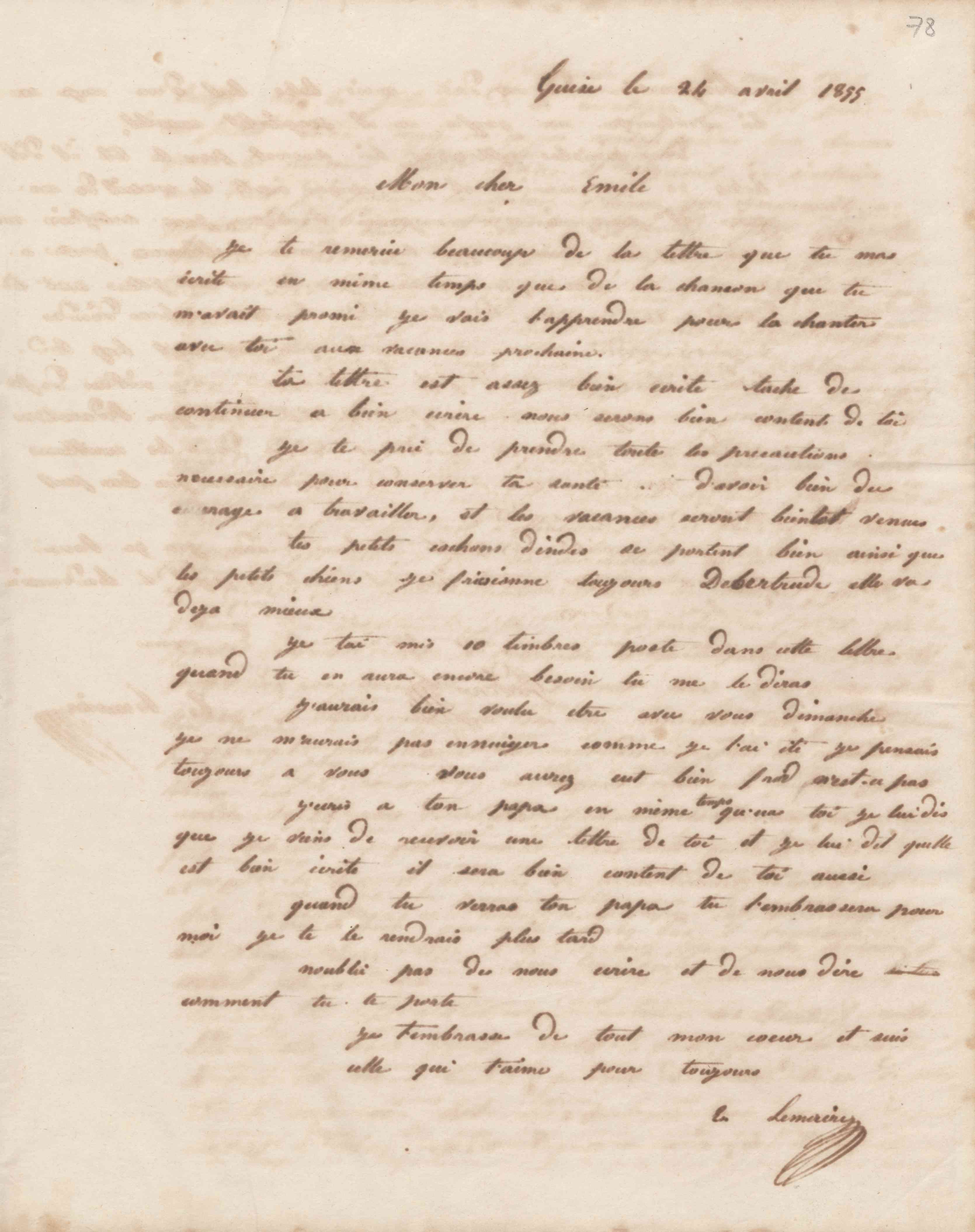 Esther Lemaire à Émile Godin, 24 avril 1855 Esther Lemaire à Émile Godin, 24 avril 1855